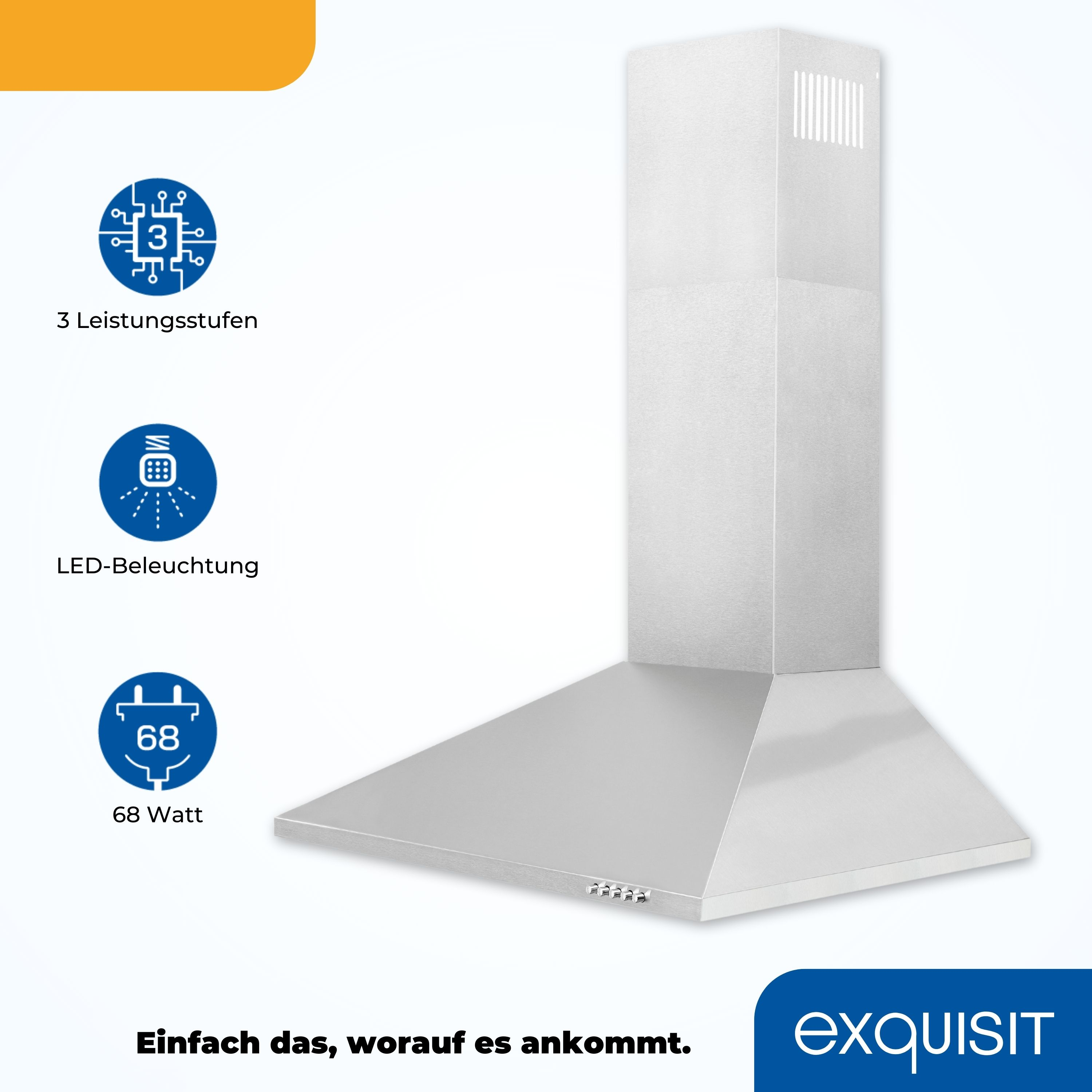 Campana extractora de acero inoxidable con iconos. Frente inclinado, ventilación y botones de control.