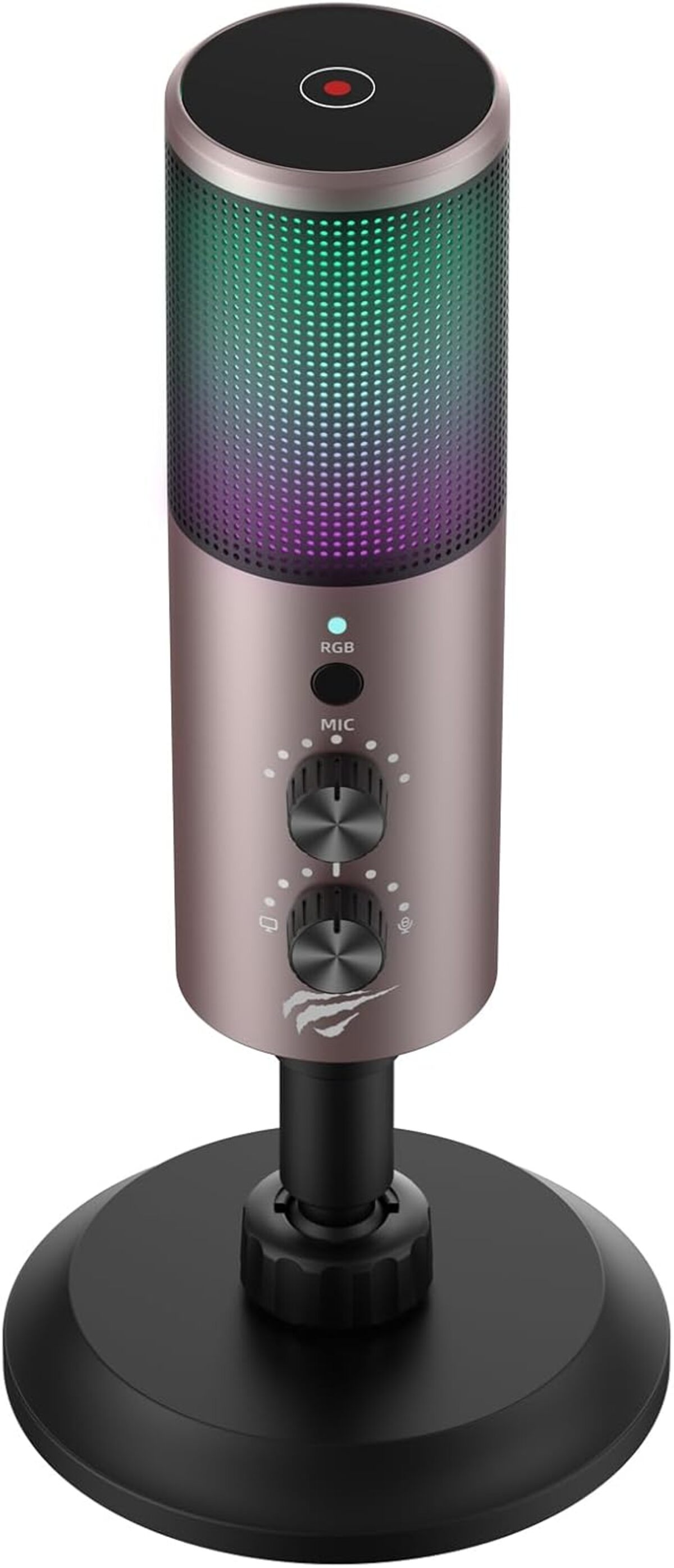Bir stand üzerinde gül altın rengi bir mikrofon, üstte RGB ışıkları ve iki siyah düğme.