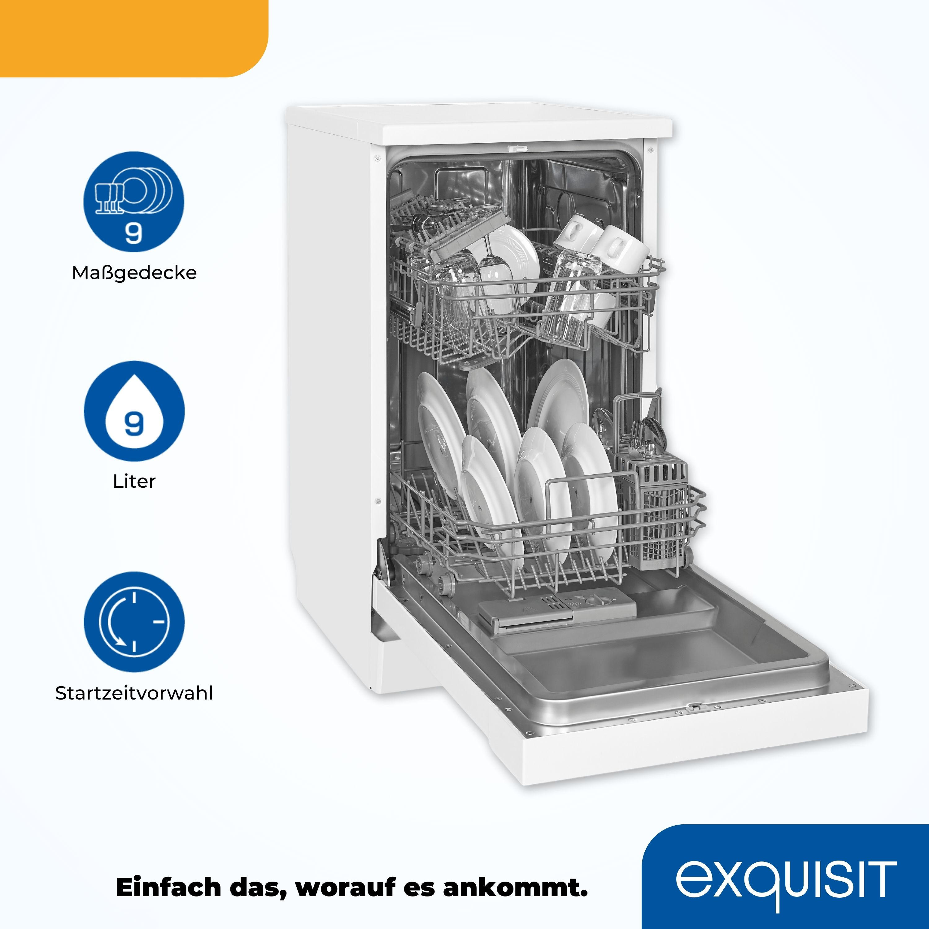 Weißer Geschirrspüler mit offener Tür, Geschirr. Grafik mit Text.