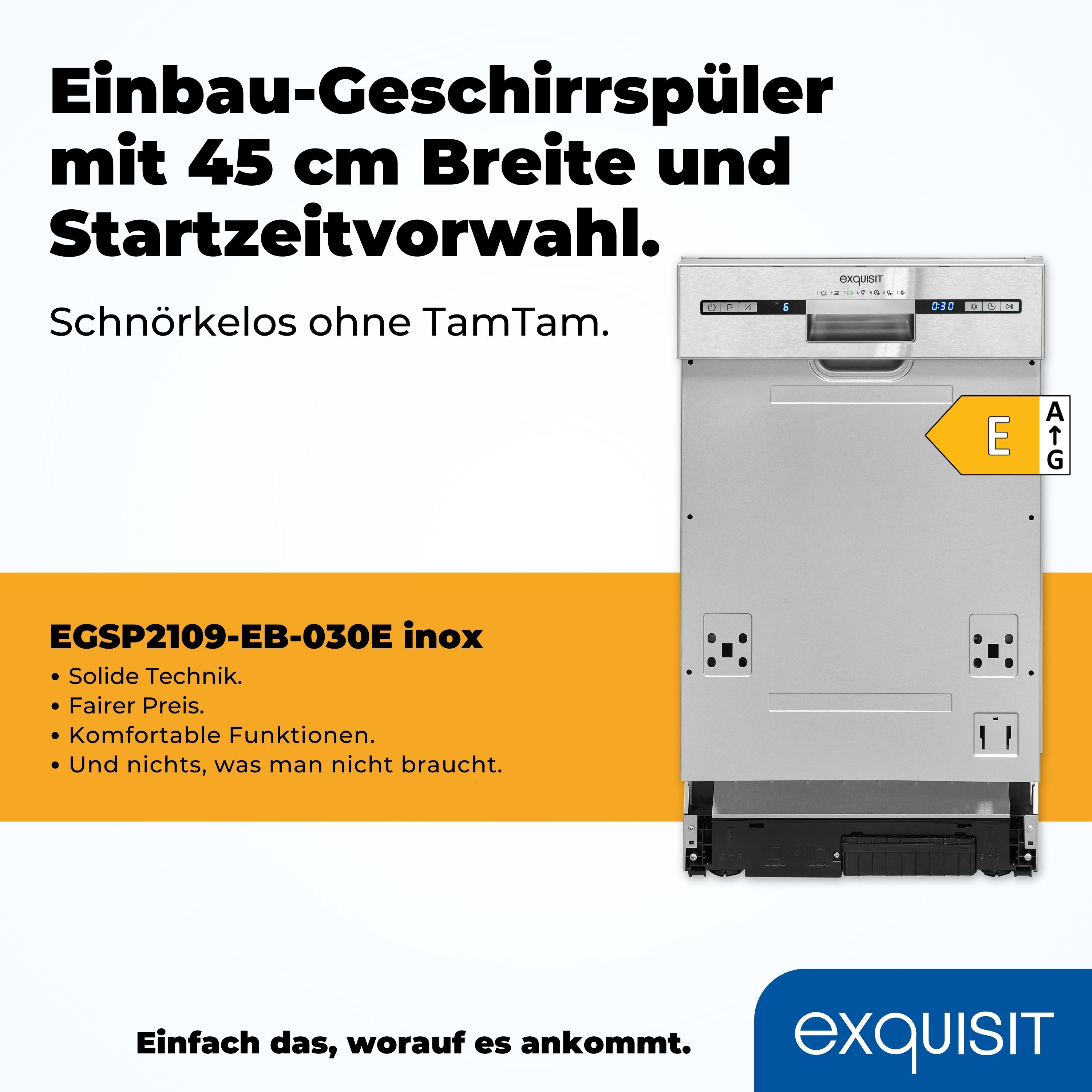 Einbau-Geschirrspüler mit 45 cm Breite und Startzeitvorwahl.
