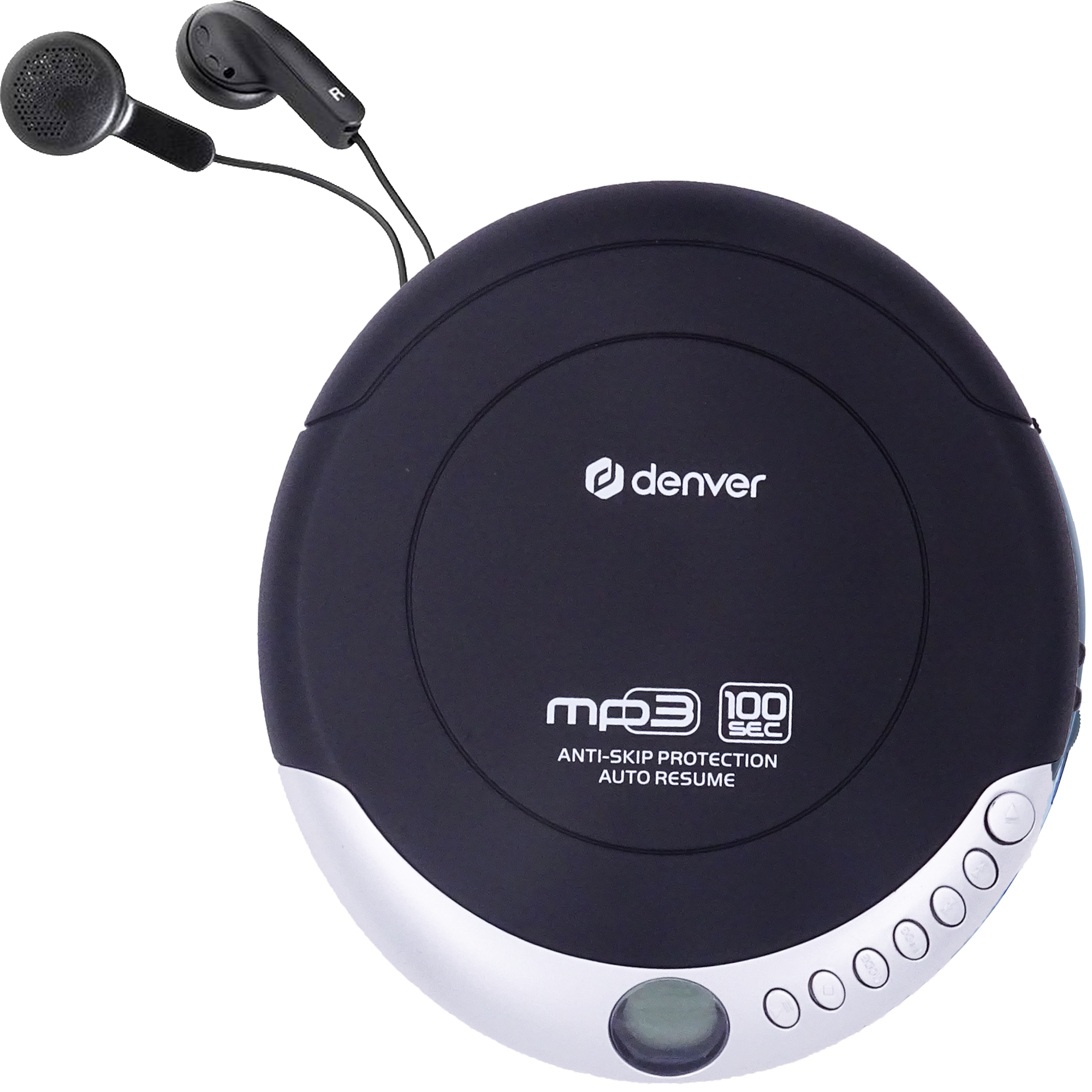 Czarny i srebrny przenośny odtwarzacz CD ze słuchawkami. Ma przyciski i wyświetlacz. Marka: denver.