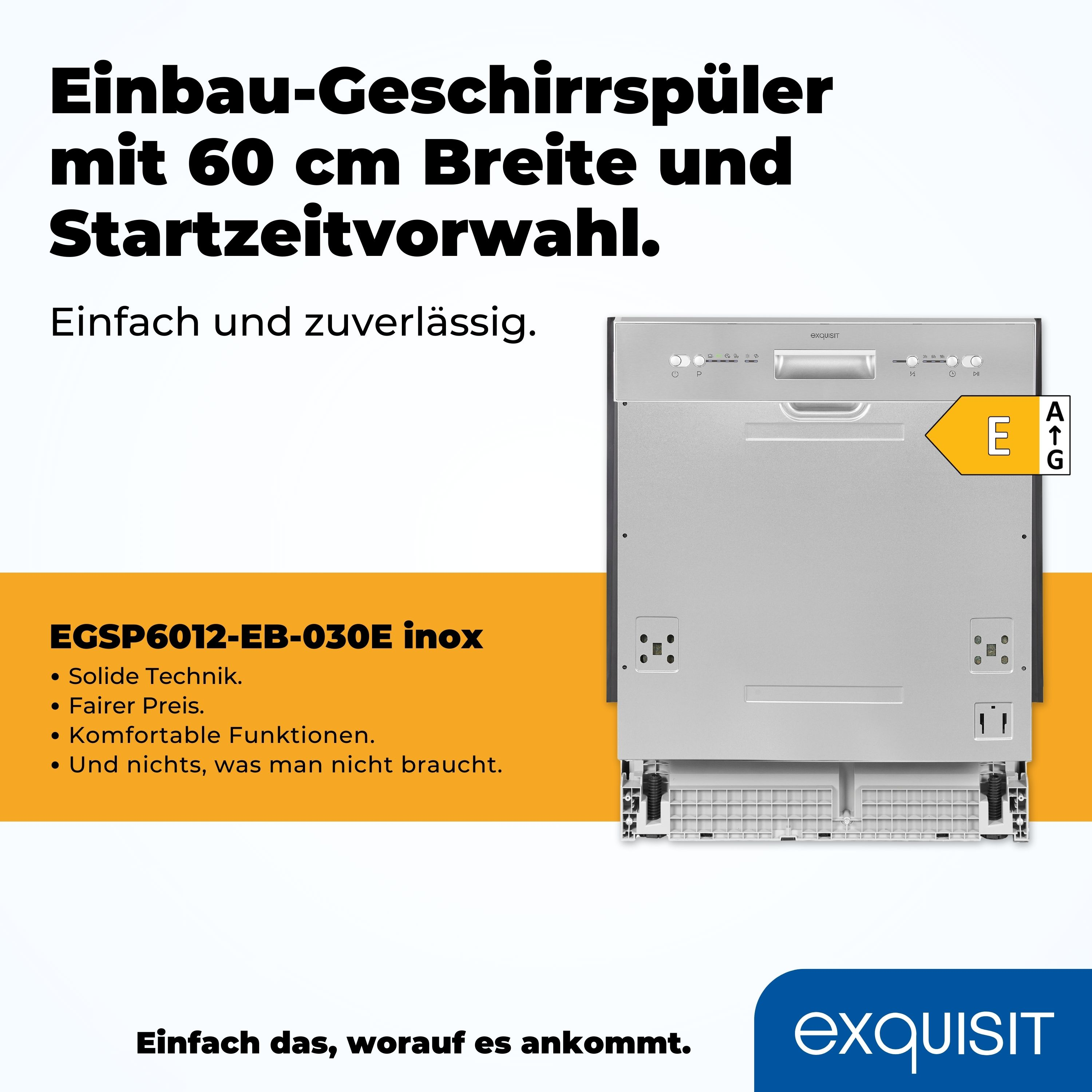 Geschirrspüler mit Energielabel. Edelstahlfront. Text auf Deutsch. Weißer Hintergrund.