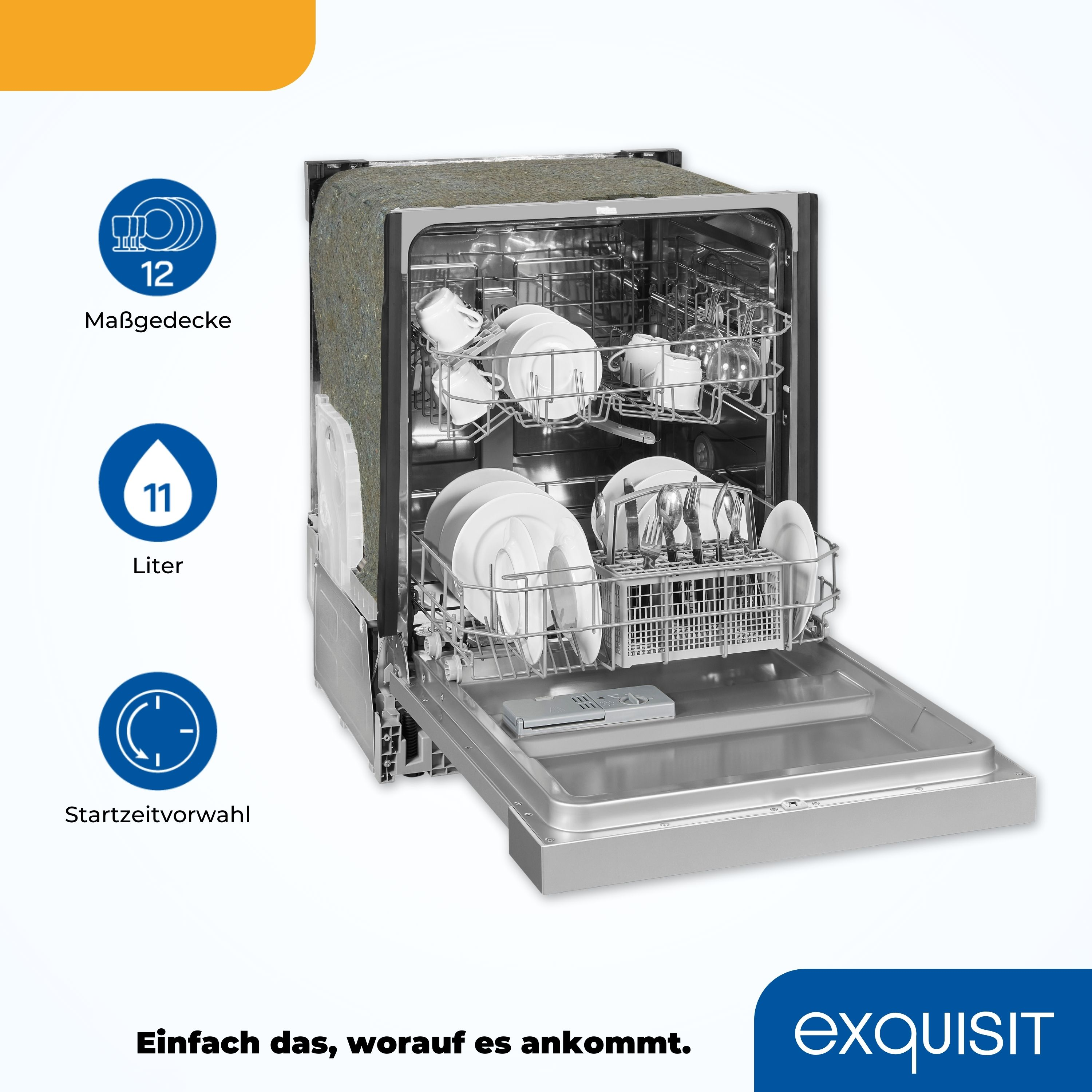 Ein Geschirrspüler mit offener Tür, gefüllt mit Geschirr, Gläsern und Besteck, mit Informationssymbolen.