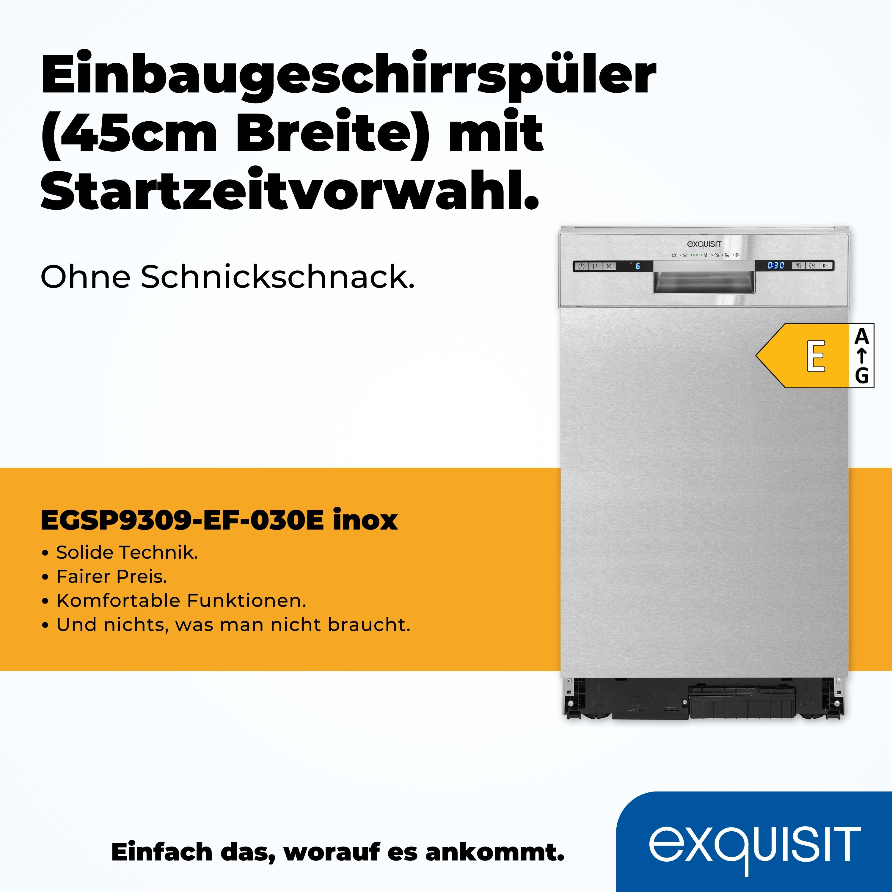 Ein Edelstahl-Geschirrspüler mit deutschem Text und einem Energieeffizienzlabel.