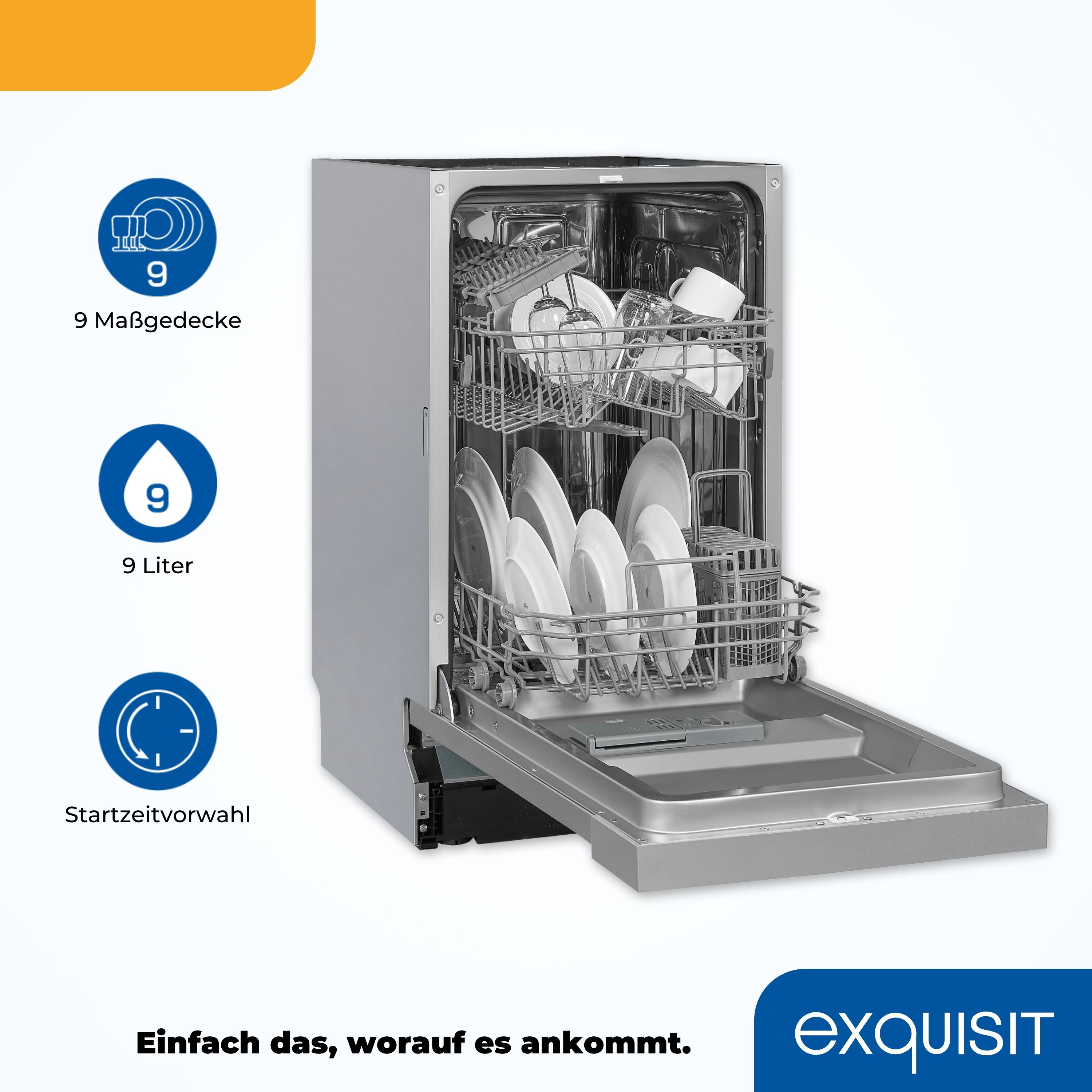 Geschirrspüler mit offener Tür, gestapeltes Geschirr. Symbole: 9 Maßgedecke, 9 Liter, Startzeitvorwahl.