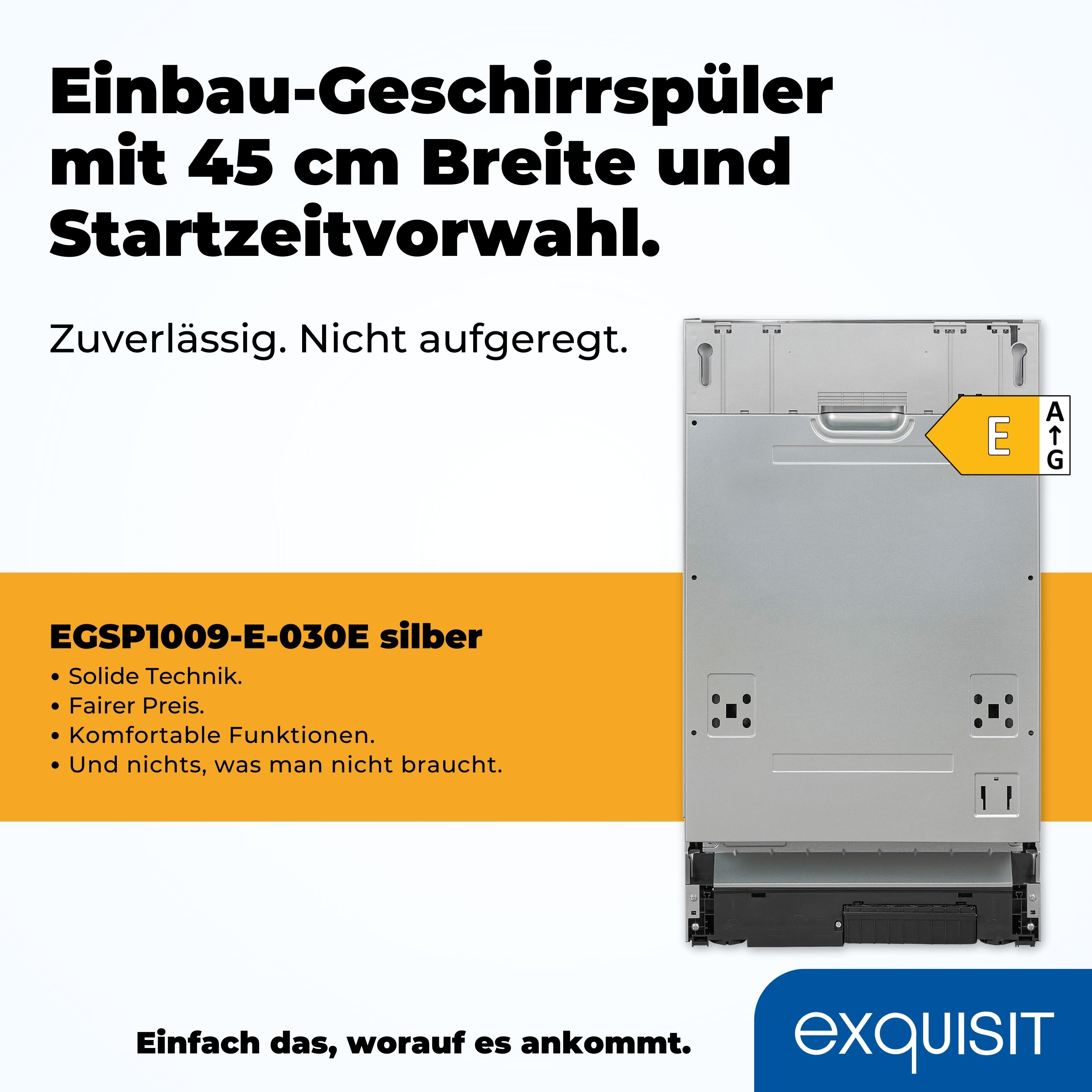 Lavavajillas con etiqueta energética y el texto 'Einbau-Geschirrspüler'.
