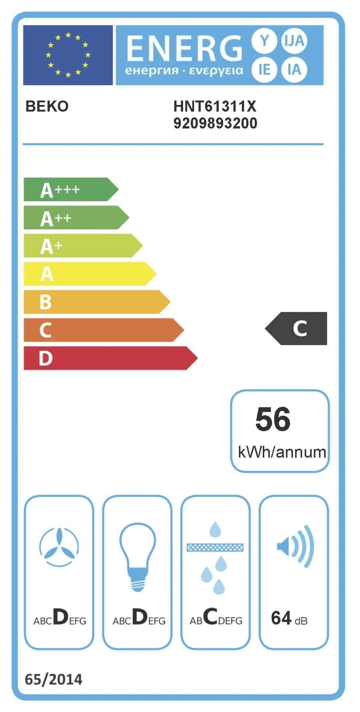 Etiqueta energética para un electrodoméstico Beko, que muestra la eficiencia energética y otros iconos de electrodomésticos.