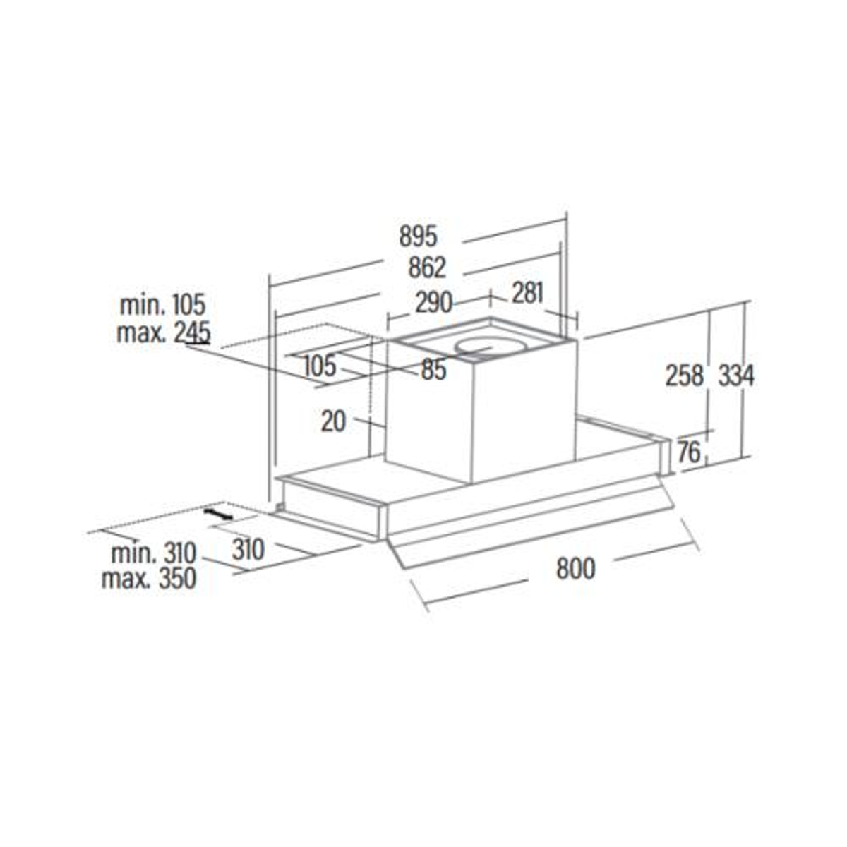 Diagramma con dimensioni per una cappa da cucina, con misure in millimetri.