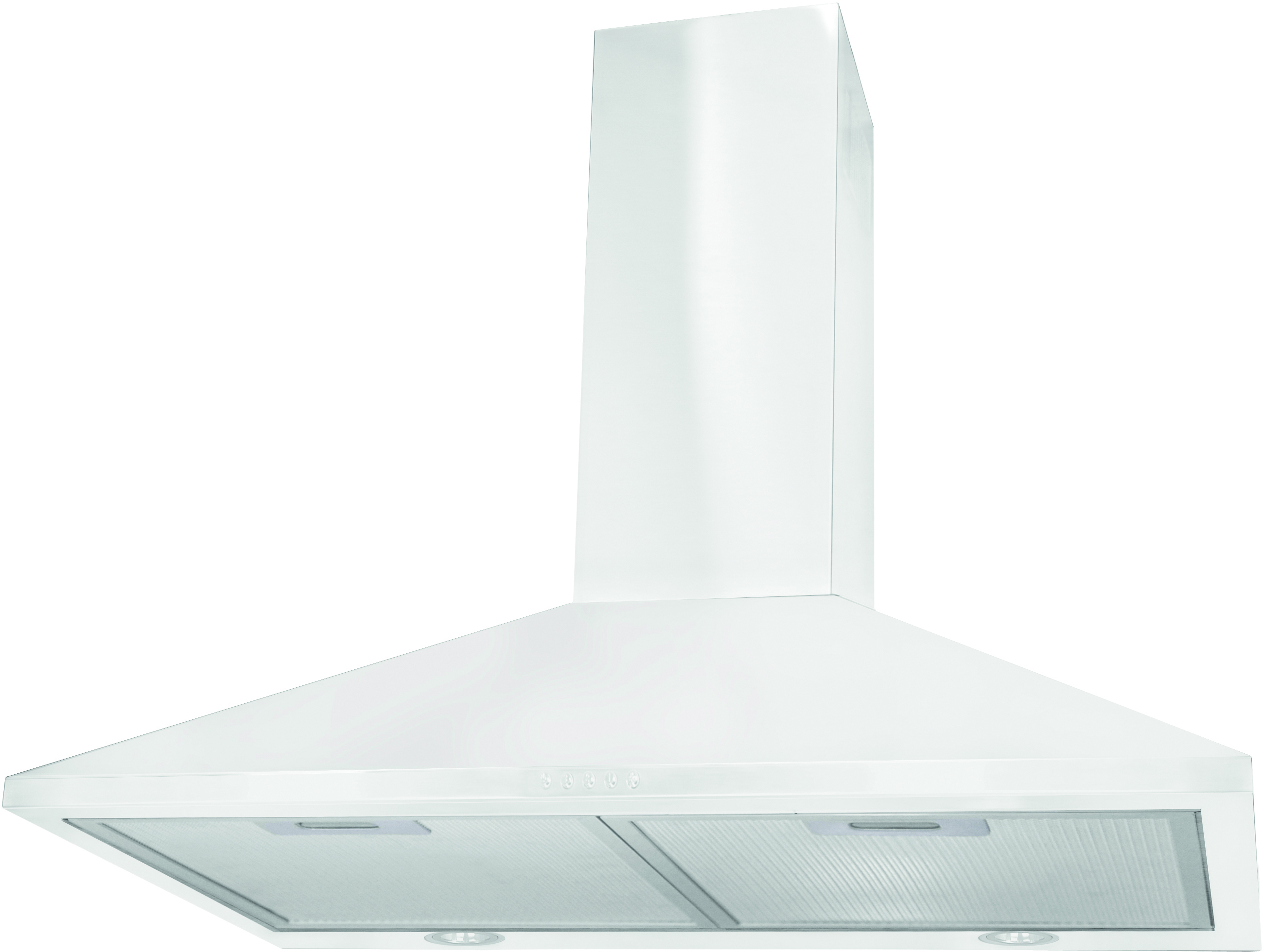 Campana extractora blanca con diseño rectangular, acabado en acero inoxidable y varios botones.