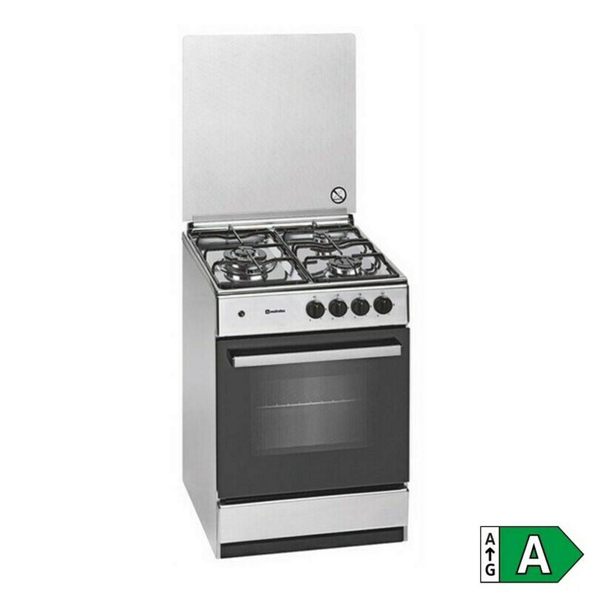 Cocina de gas de acero inoxidable con cuatro quemadores y horno abajo, sobre fondo blanco.