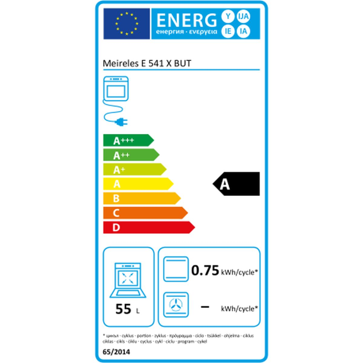 Etiqueta energética para un horno Meireles, mostrando información de eficiencia energética.