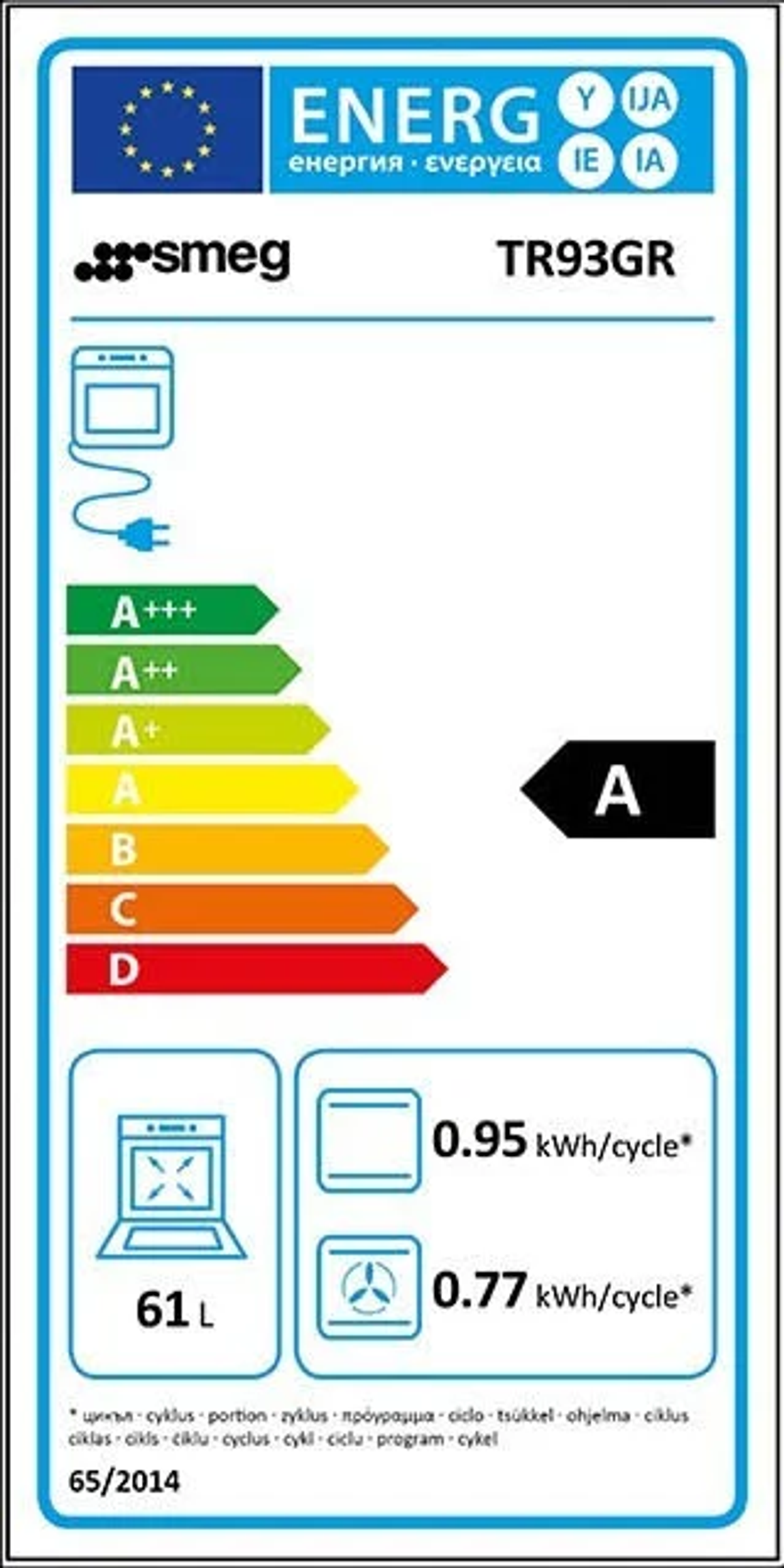 Hoja de información del producto para un horno BEKO. Muestra datos sobre consumo energético y volumen.