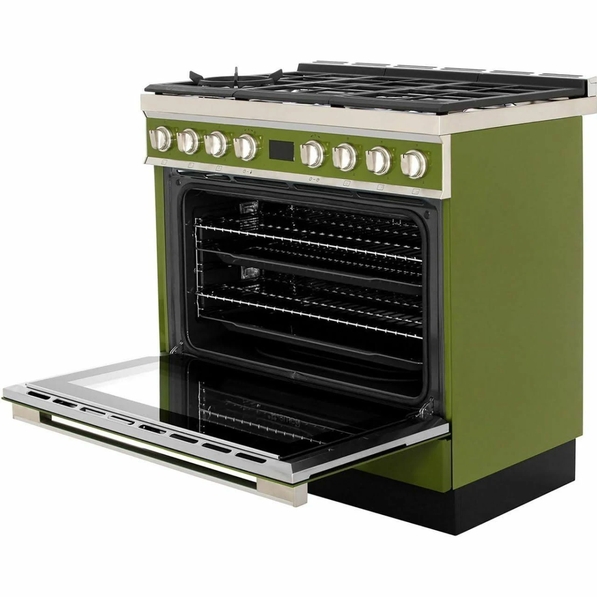 Horno verde con puerta abierta, detalles en acero inoxidable, interior visible.