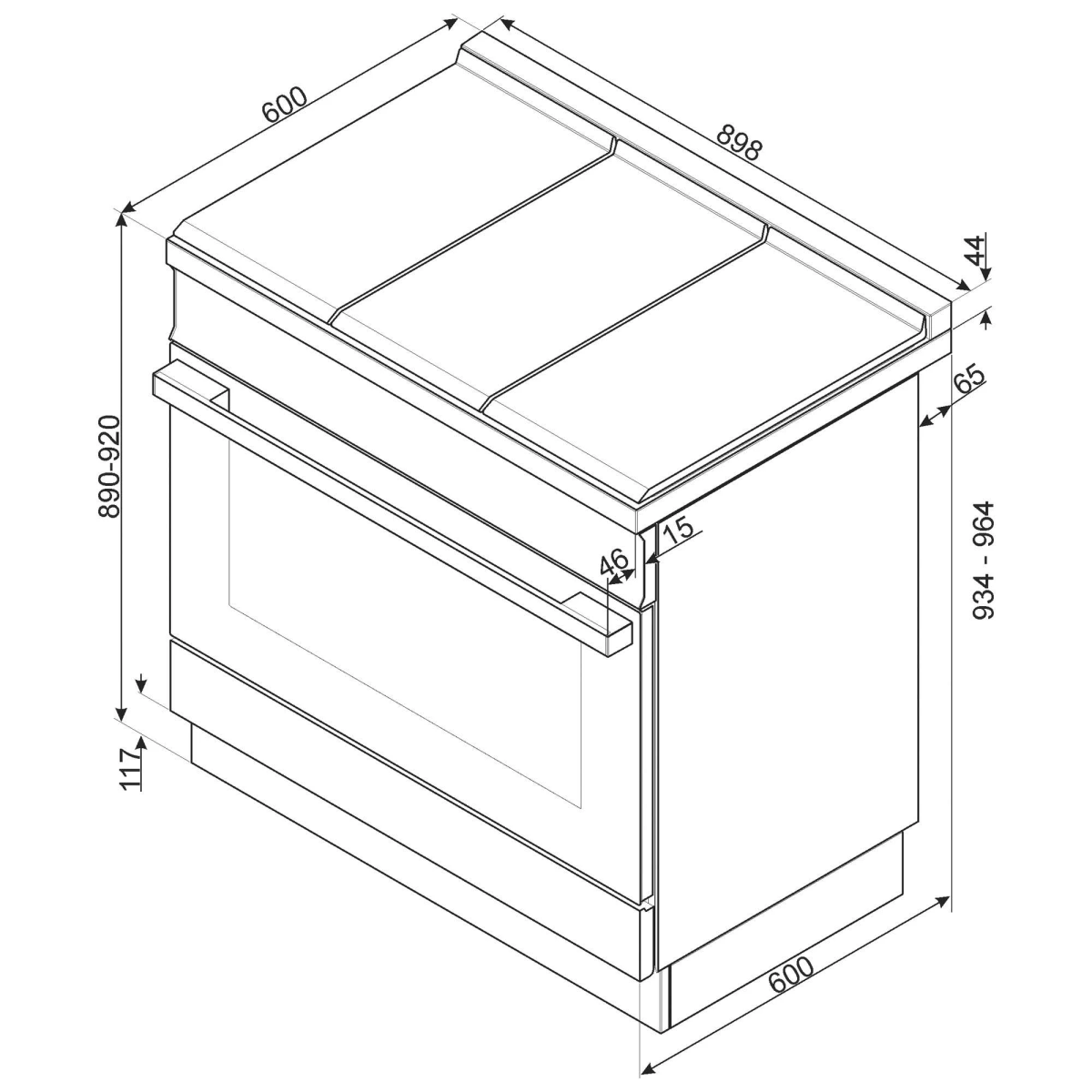 Dibujo técnico de una estufa con dimensiones marcadas. La estufa se muestra desde una perspectiva superior.