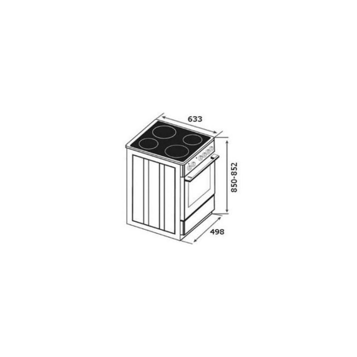 Vista isométrica de una cocina con cuatro quemadores, dimensiones etiquetadas. La cocina es blanca y negra.
