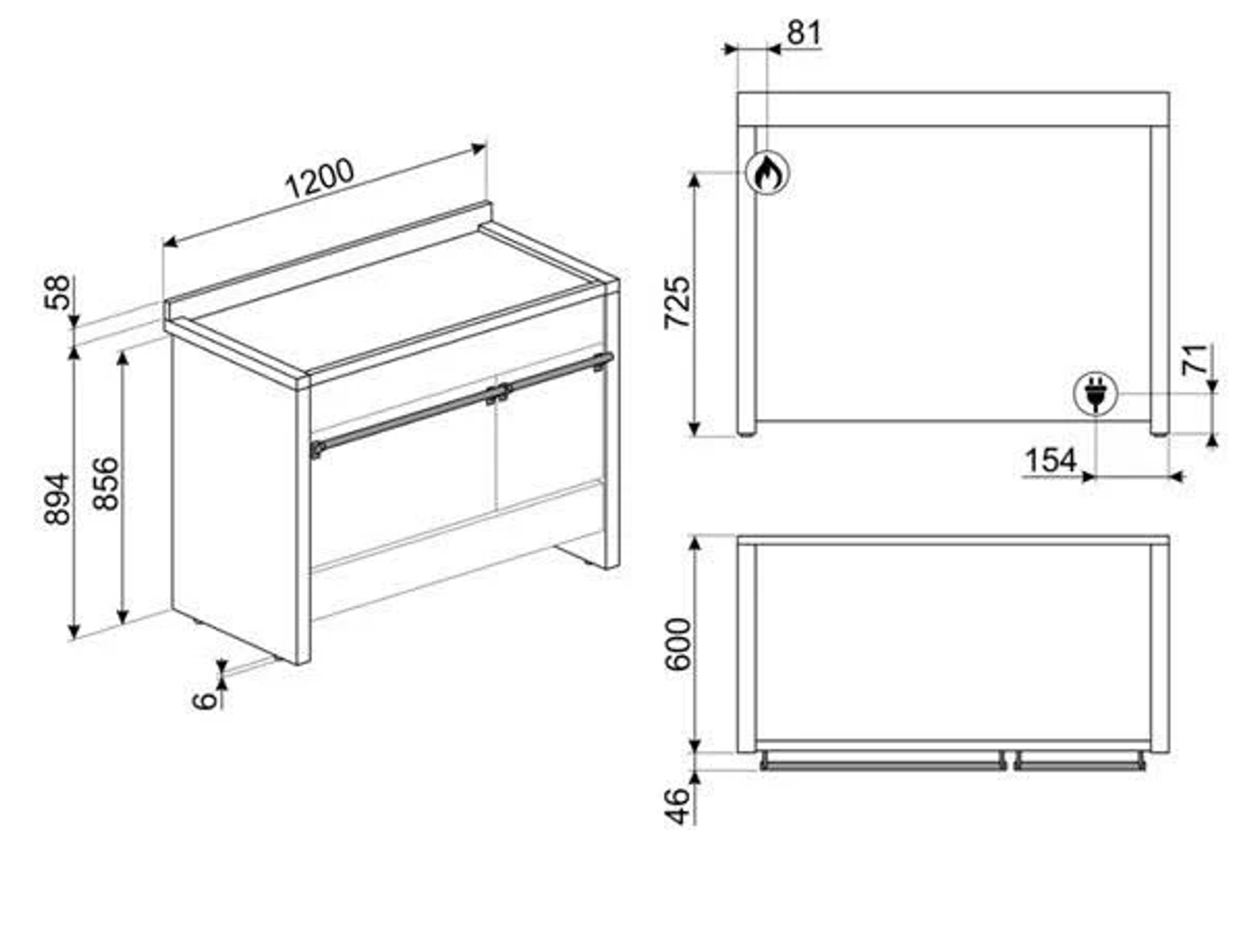 Un dibujo técnico de un armario con dimensiones. Muestra vistas frontal, lateral y superior.