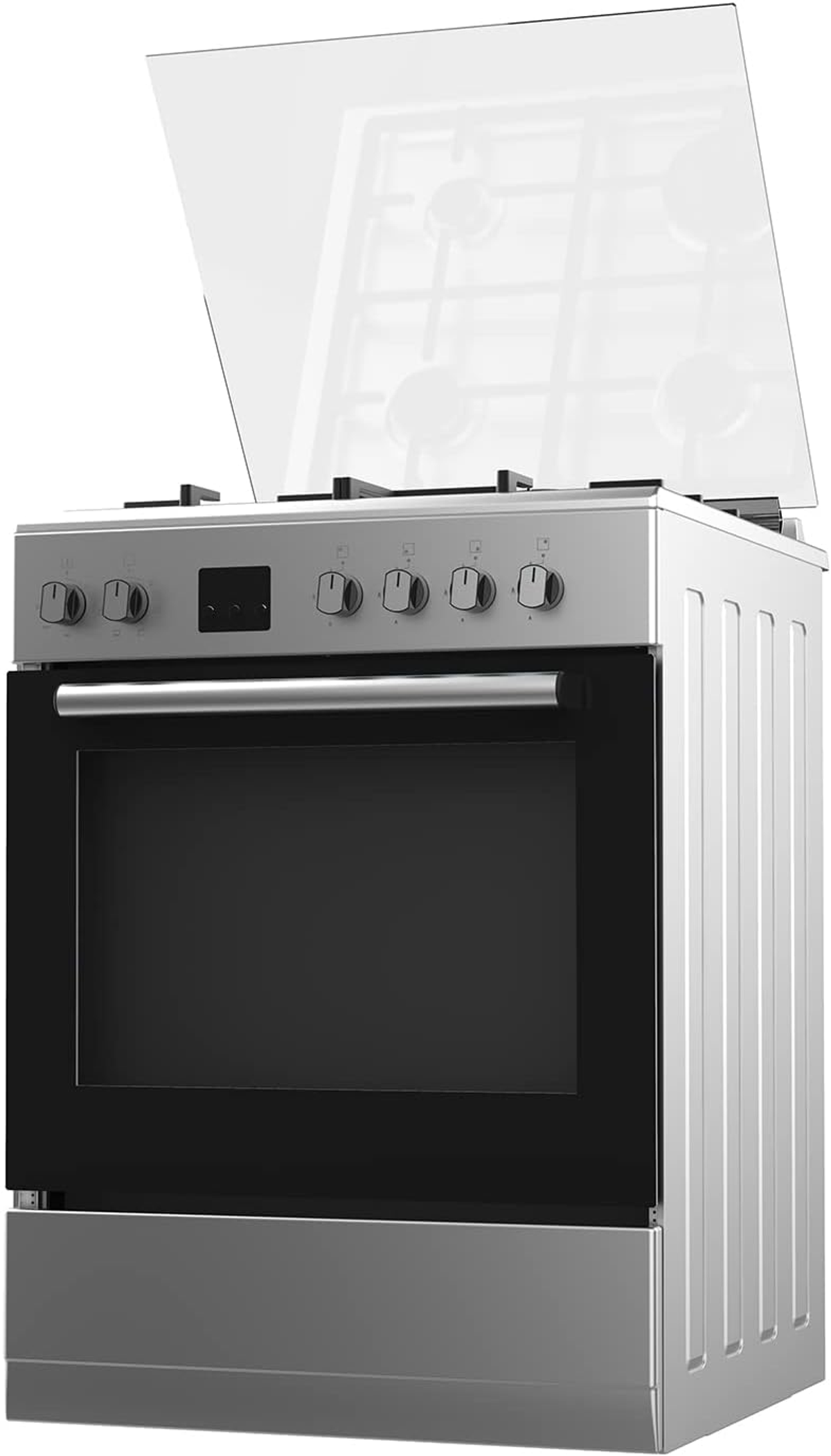 Una cocina de gas plateada y negra con la tapa superior abierta, mostrando los quemadores.