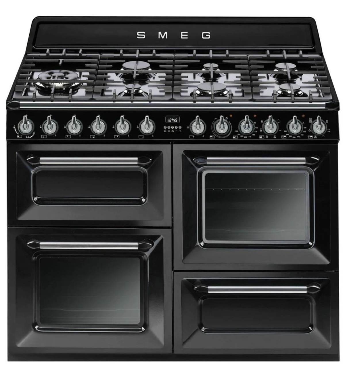 Cocina Smeg negra con quemadores de gas, mandos y puertas de horno.