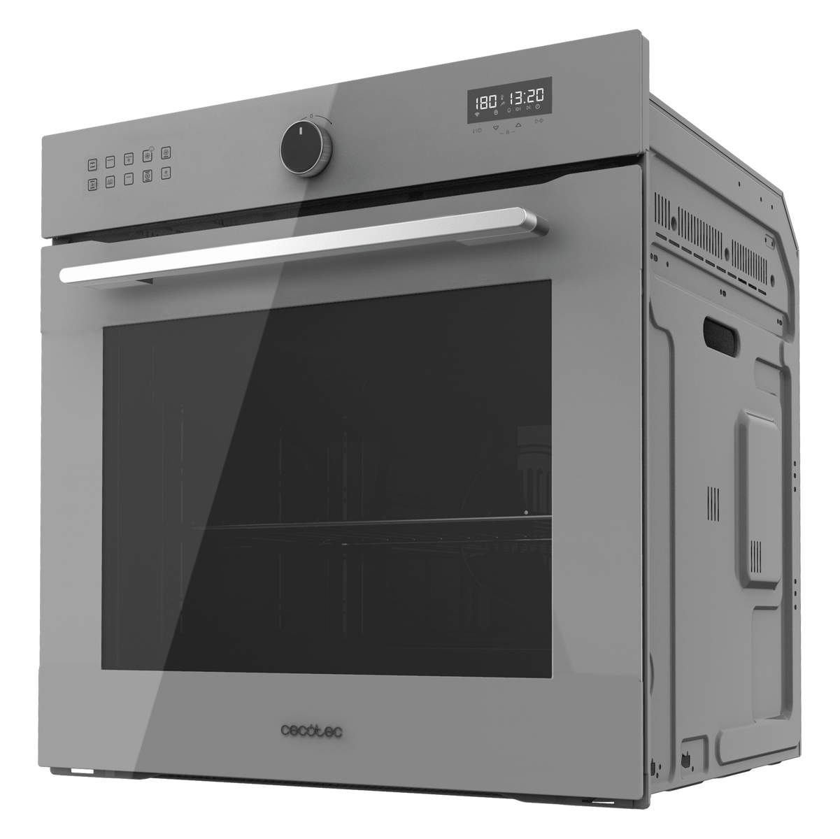 Horno gris empotrado con puerta abierta, controles arriba, fondo negro.