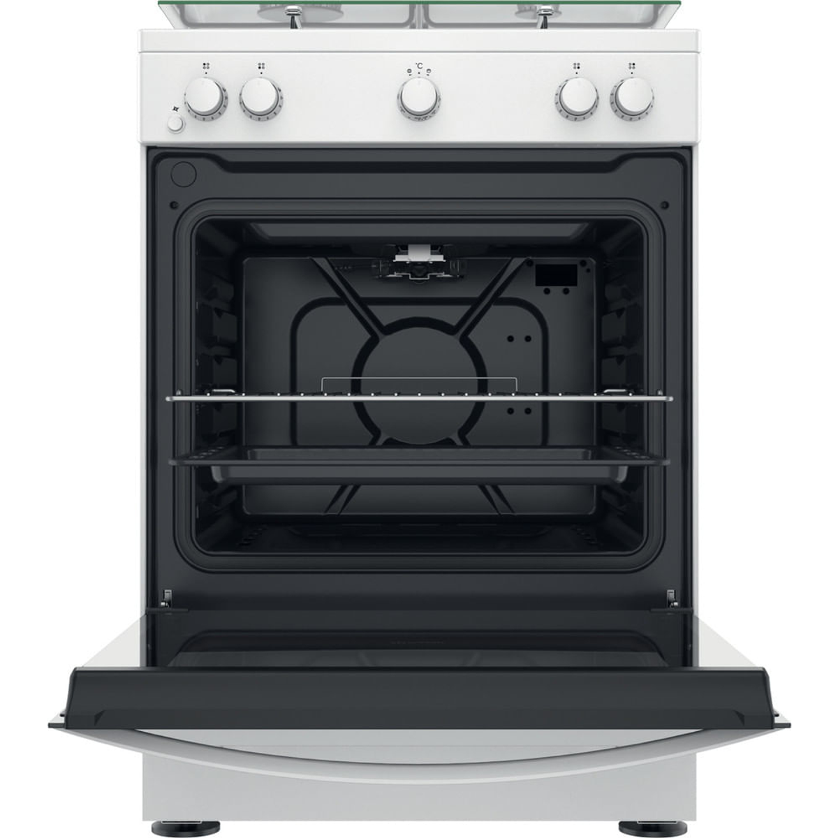 Forno con la porta aperta. L'interno è nero con ripiani. Esterno bianco.