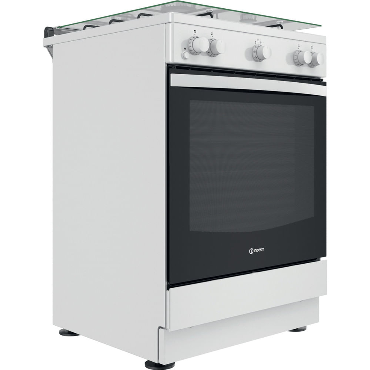 Forno bianco con piano in vetro e porta nera. Ha manopole e logo sul davanti.