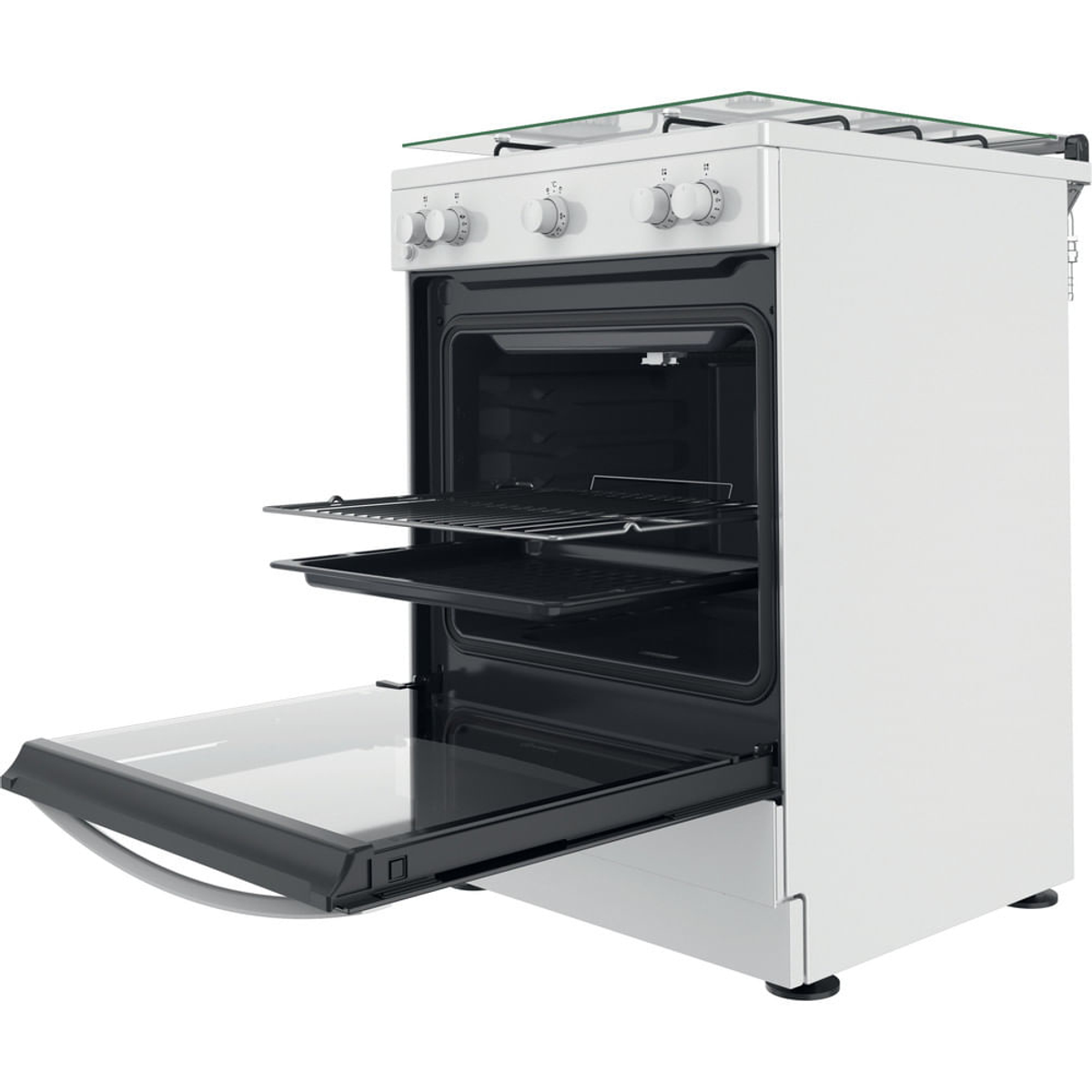 Forno bianco con porta aperta, che mostra l'interno con griglie e vassoi.