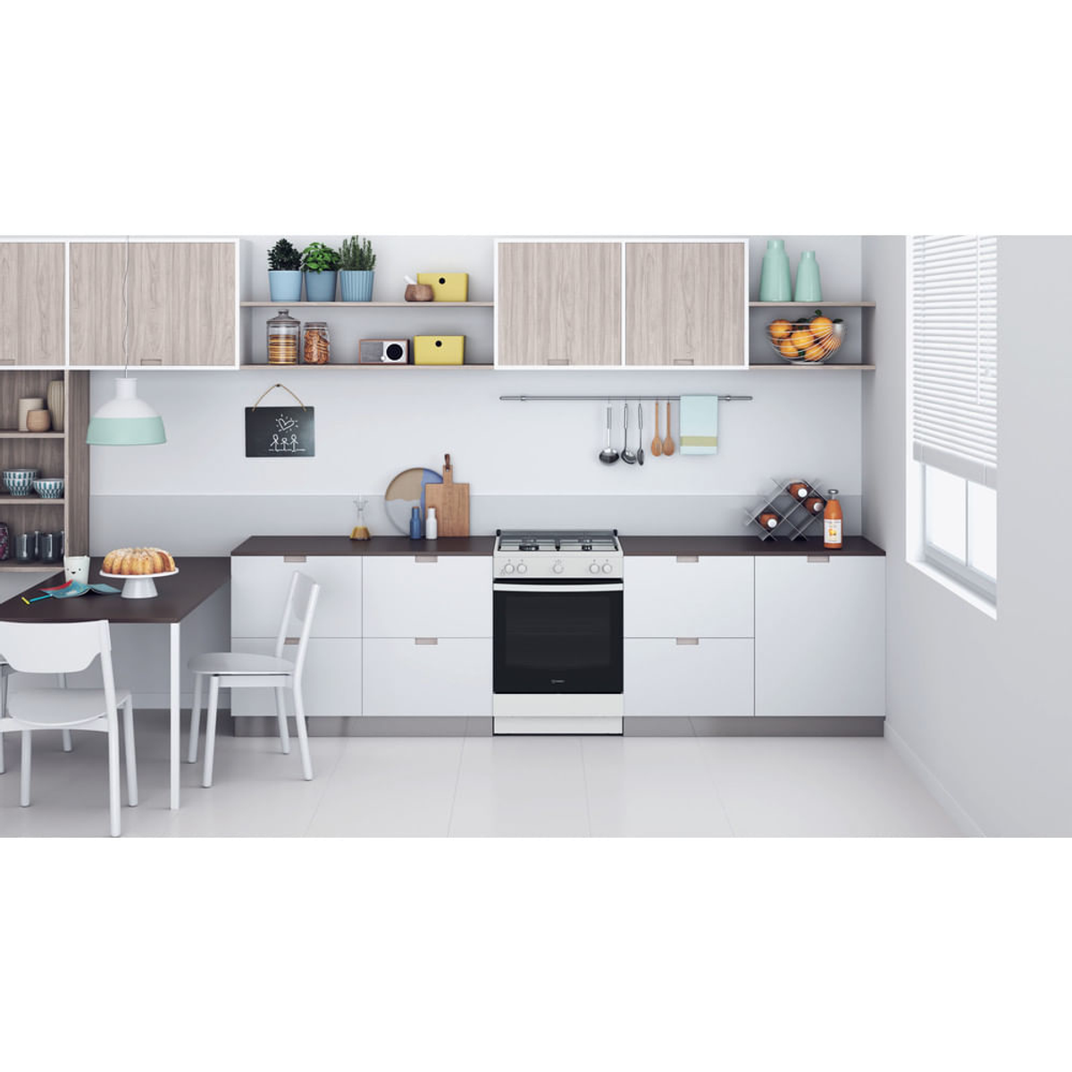 Una scena di cucina con mobili bianchi, un fornello e vari utensili da cucina.