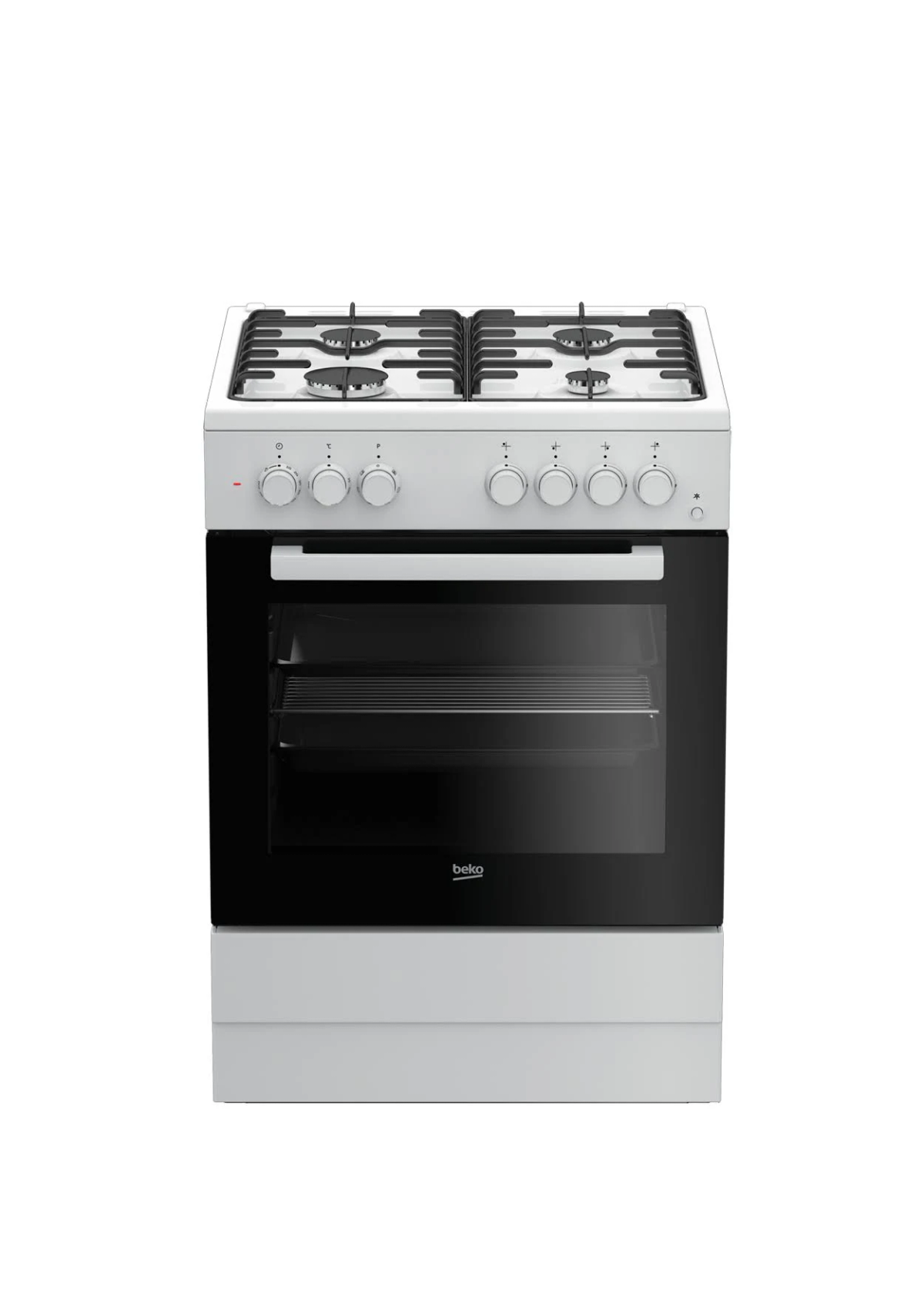 Fornello a gas Beko bianco con quattro fuochi e porta forno in vetro.
