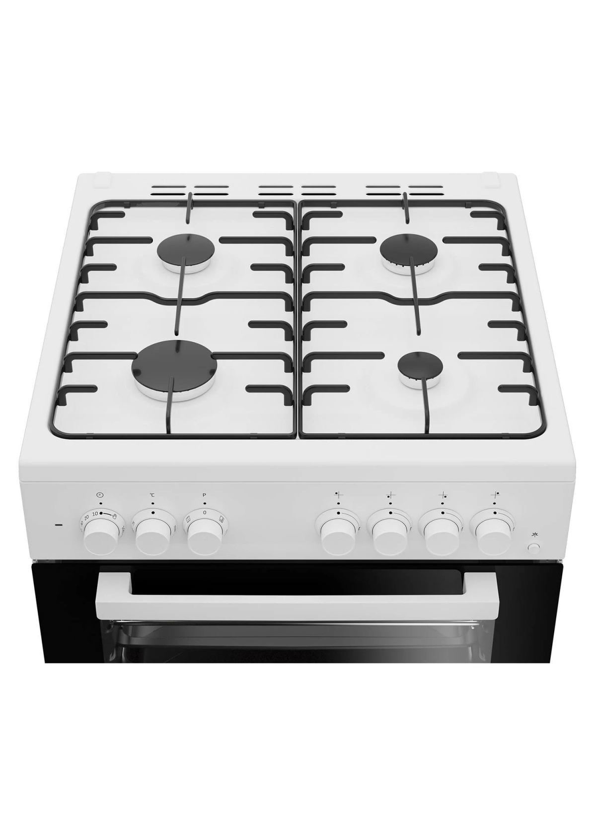 Fornello a gas bianco con 4 fuochi, manopole e forno.