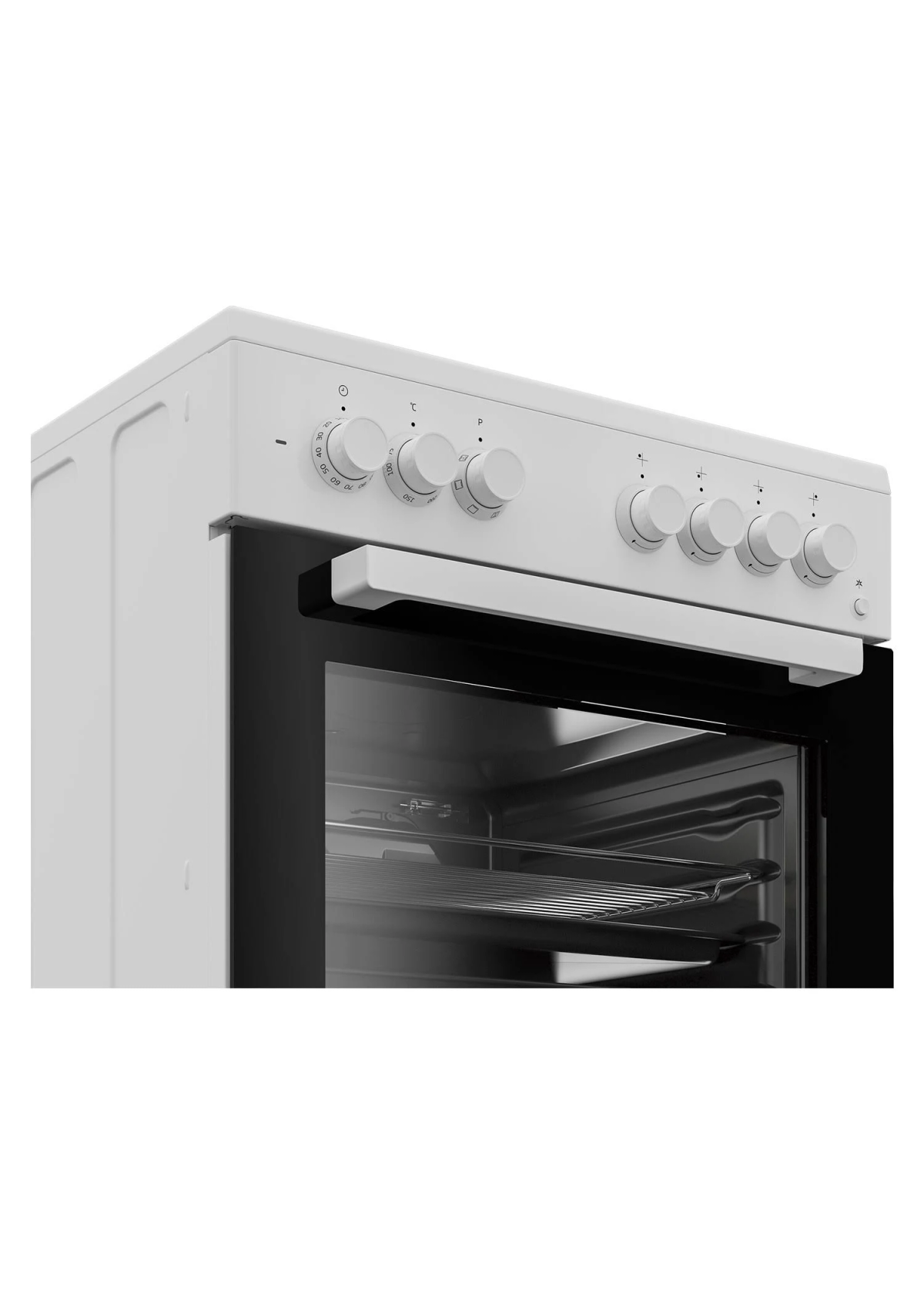 Forno bianco con porta a vetro e comandi. Vista laterale.