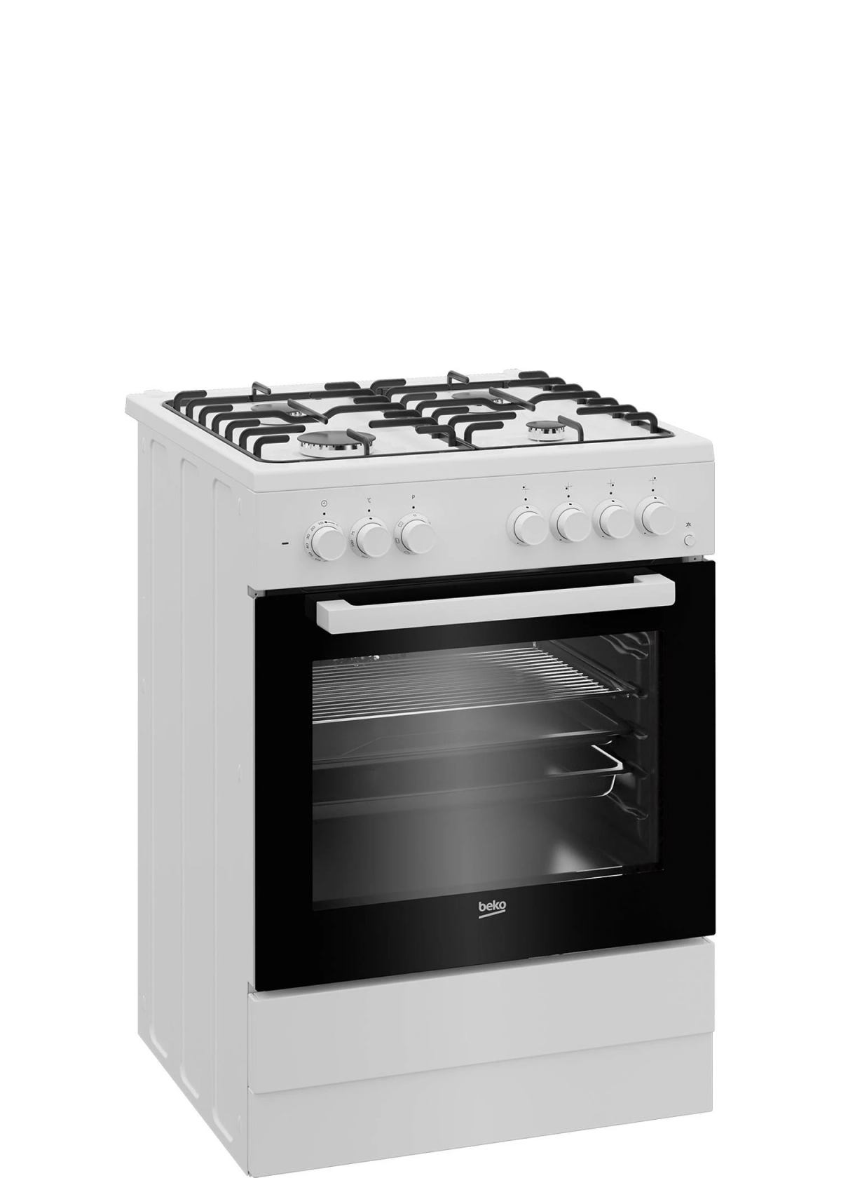 Una cucina a gas bianca a libera installazione con bruciatori e porta forno nera.