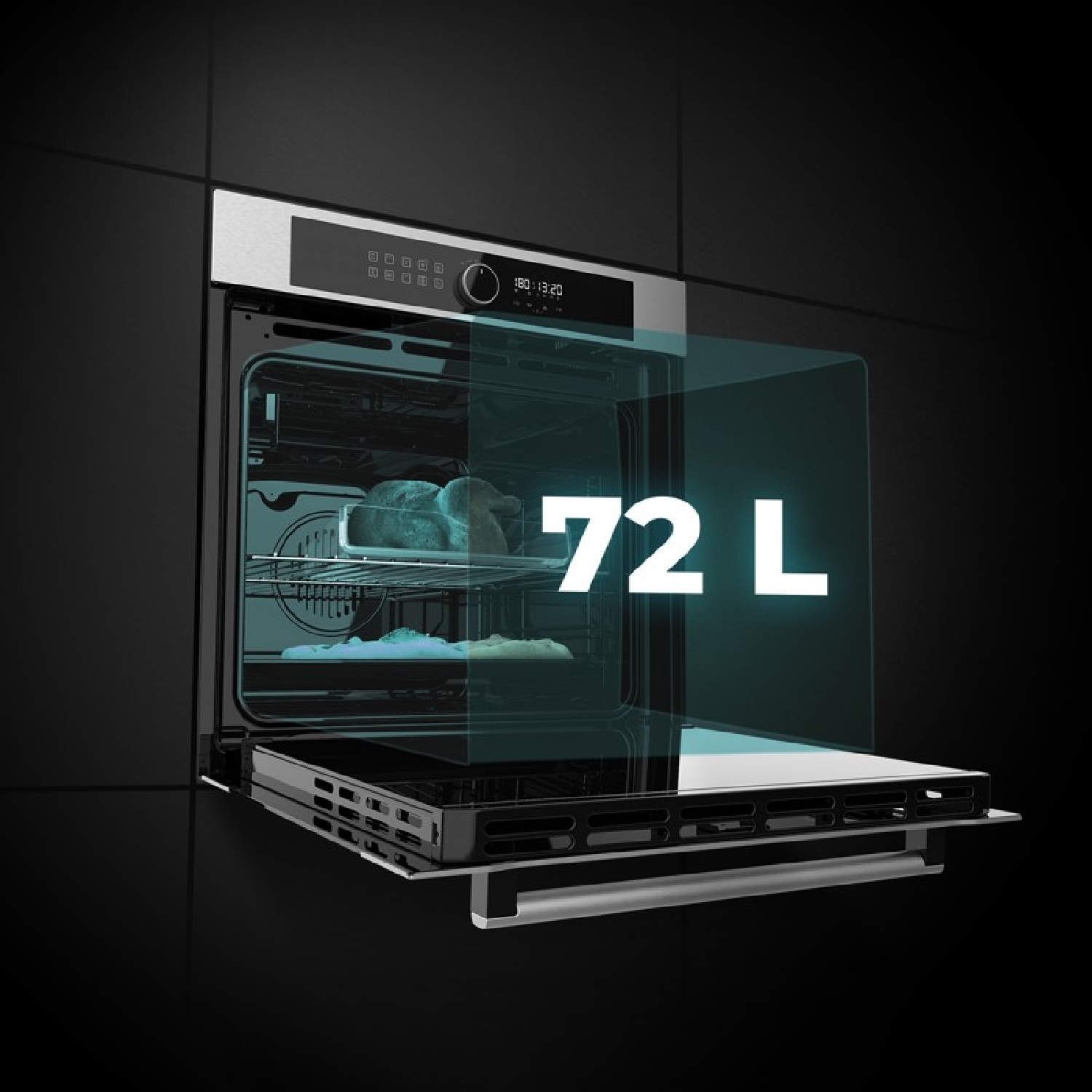Un horno con la puerta abierta, mostrando el interior y un indicador de capacidad de 72L, fondo oscuro.