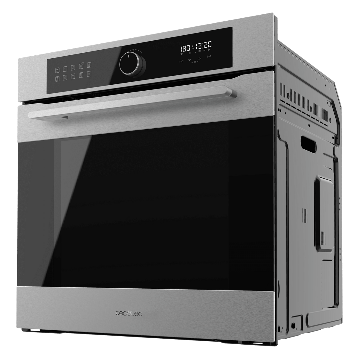 Horno plateado con puerta de cristal negra, pantalla digital y panel de control.