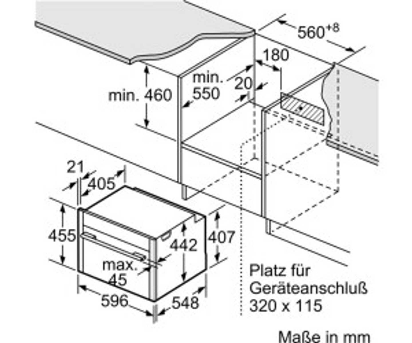Diagramm, das die Abmessungen für den Bau einer Ofennische zeigt.