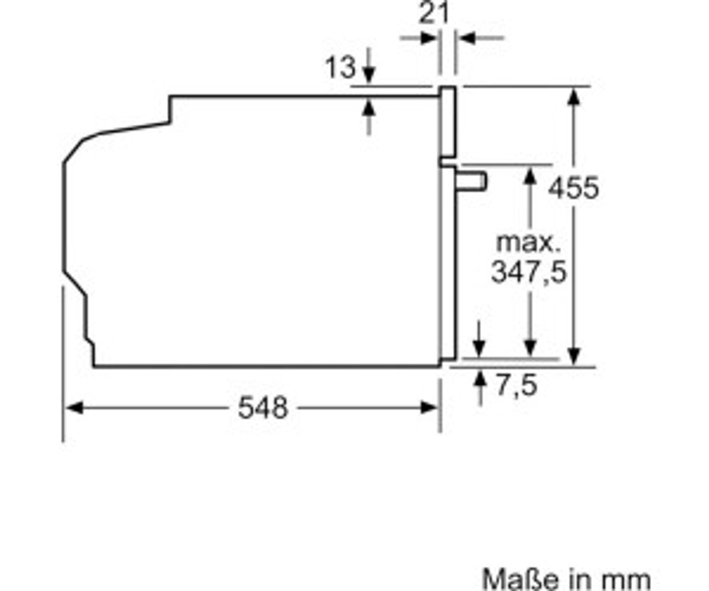 Bosch Ofen Seitenansicht Diagramm mit Abmessungen in mm. Zeigt Höhe, Breite und Tiefe.