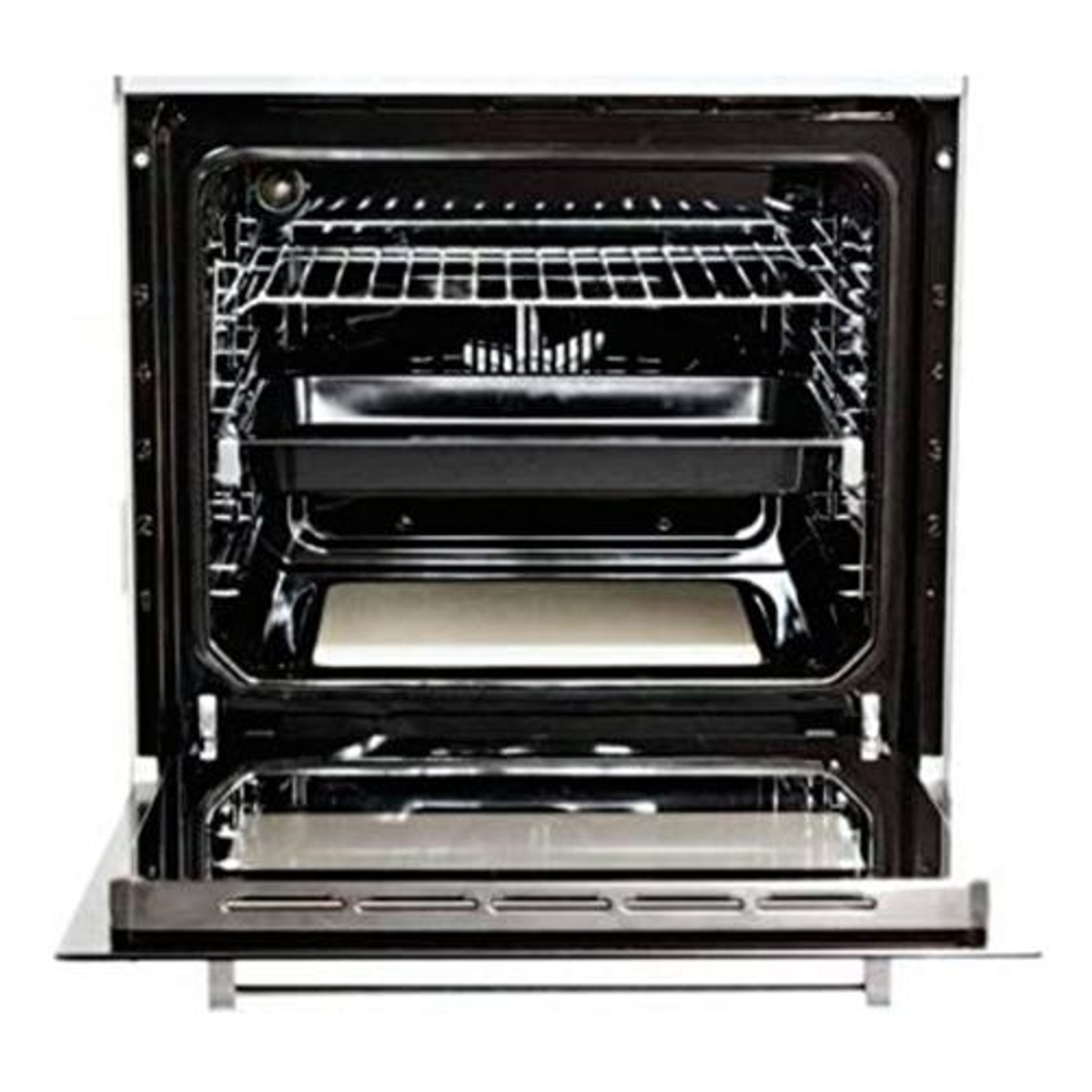 Piekarnik z otwartymi drzwiami, pokazujący ruszty i tacę w środku.