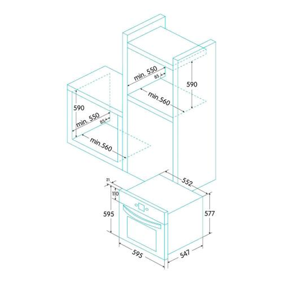 Rysunek techniczny instalacji piekarnika i szafki z wymiarami.