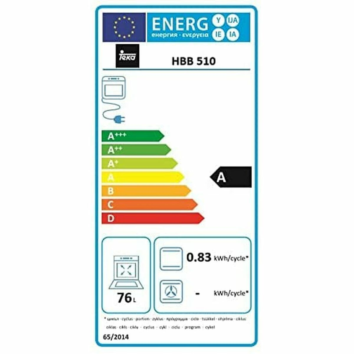 Una etiqueta energética para un electrodoméstico Teka, que muestra la clase de eficiencia energética A, kWh/ciclo y 76 L de capacidad.