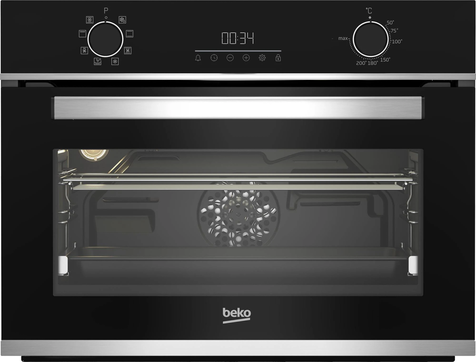 Un horno negro con pantalla y borde de acero inoxidable. Tiene la puerta abierta con luces encendidas.