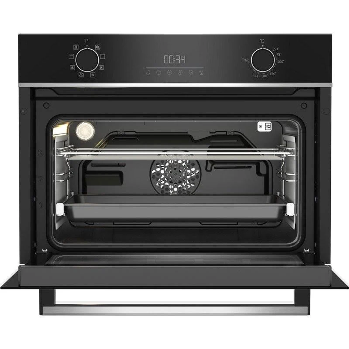 Horno con puerta abierta. Dentro, hay rejillas y una bandeja.