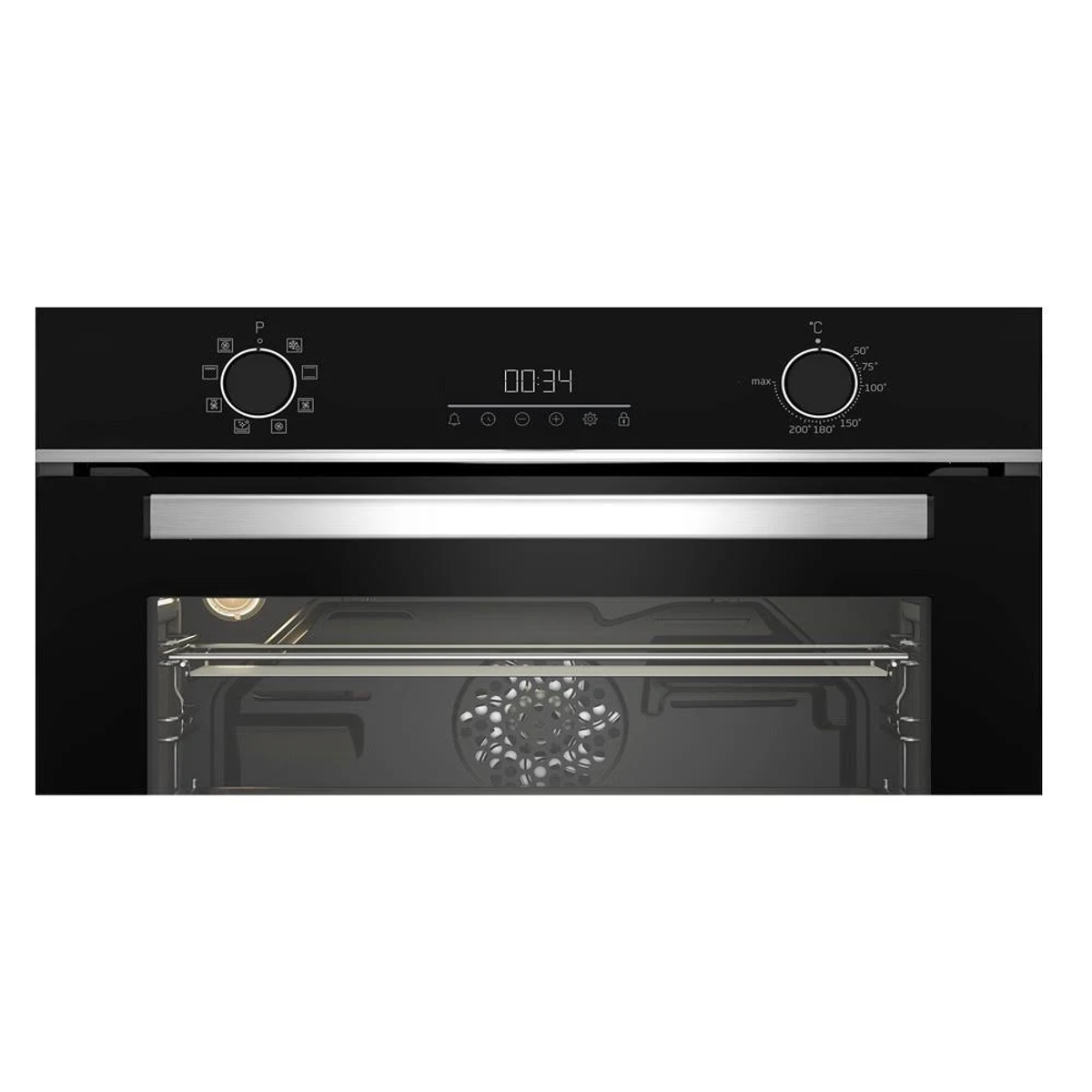 Primer plano del panel de control de un horno con pantalla digital y perillas de temperatura. La puerta del horno está cerrada.