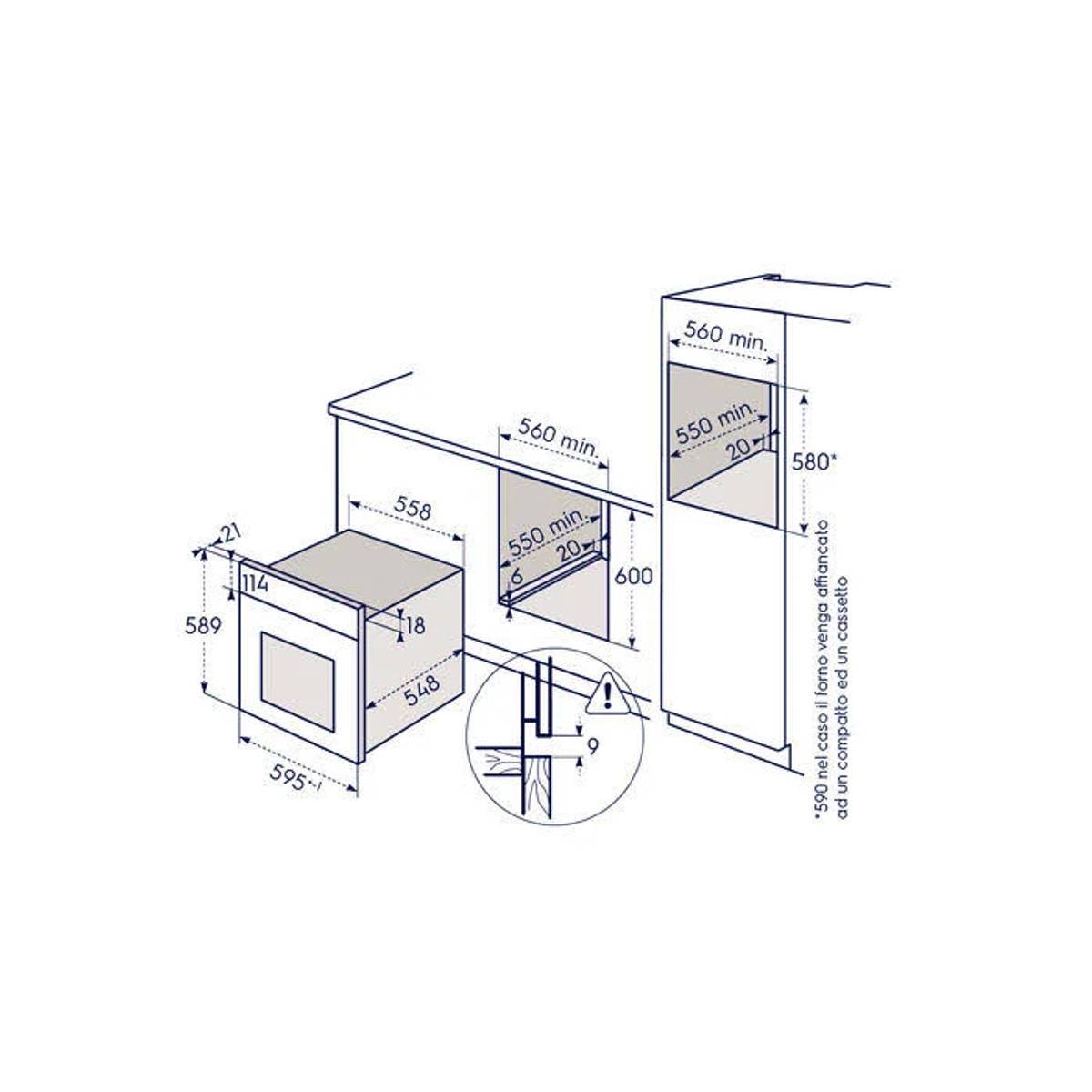 Diagramma delle dimensioni del forno per l'installazione, con misure ed etichette.