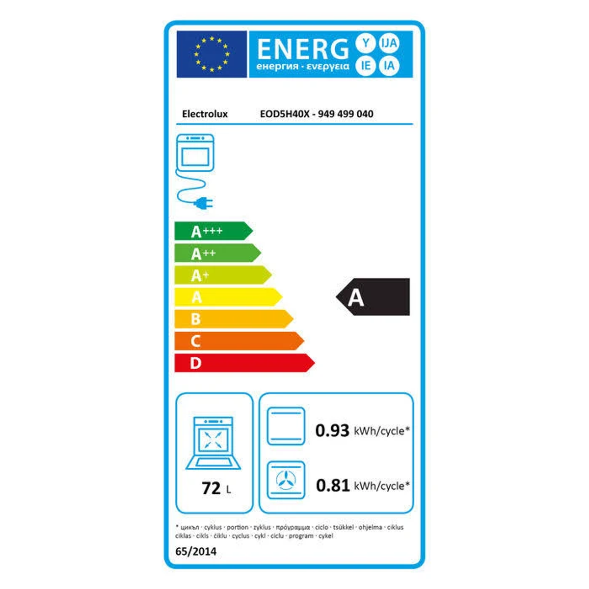 Etichetta energetica forno Electrolux. Classe A, specifiche.