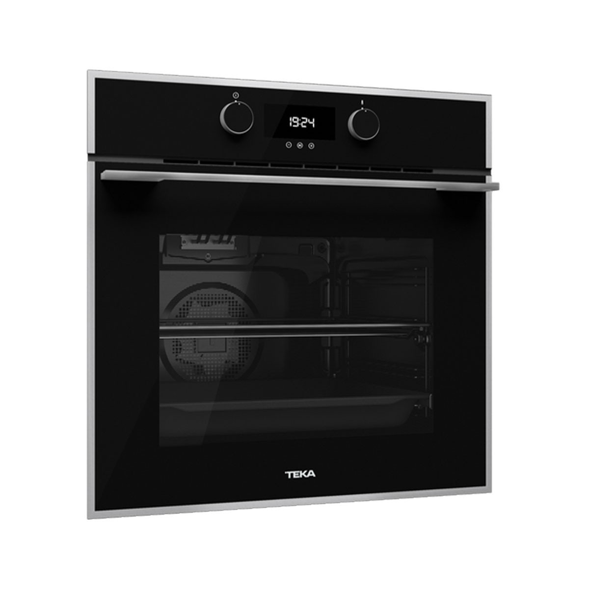 Horno Teka negro con pantalla digital y dos mandos. Diseño minimalista.