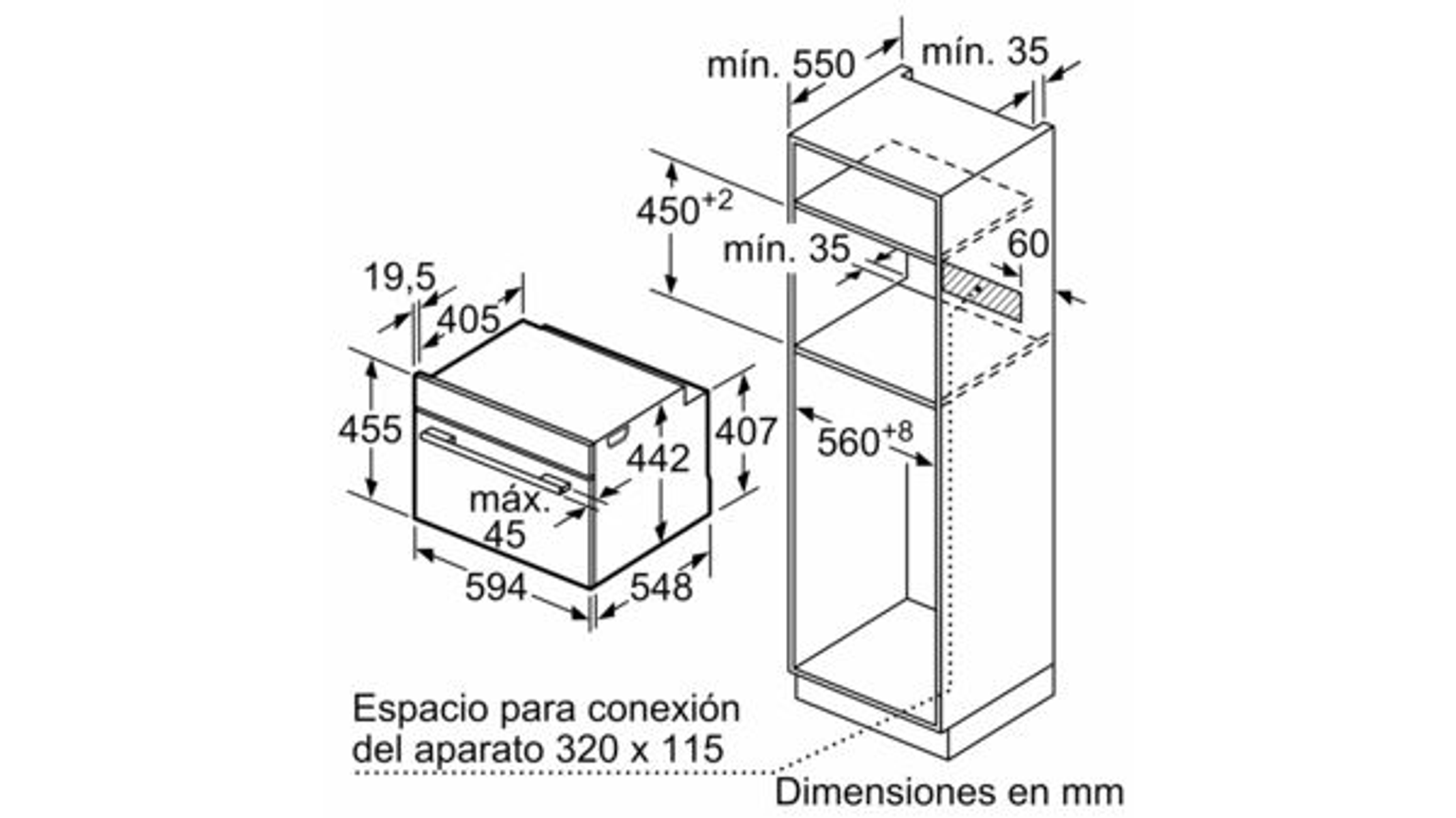 Diagram met afmetingen van een inbouwoven, met afmetingen in millimeters, in een keuken.