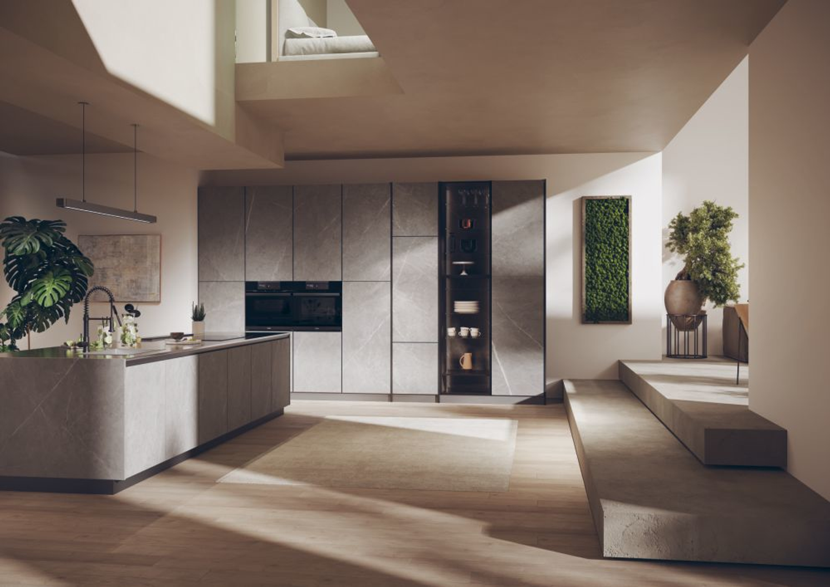 Un moderno interno cucina con mobili grigi e pavimento in legno.