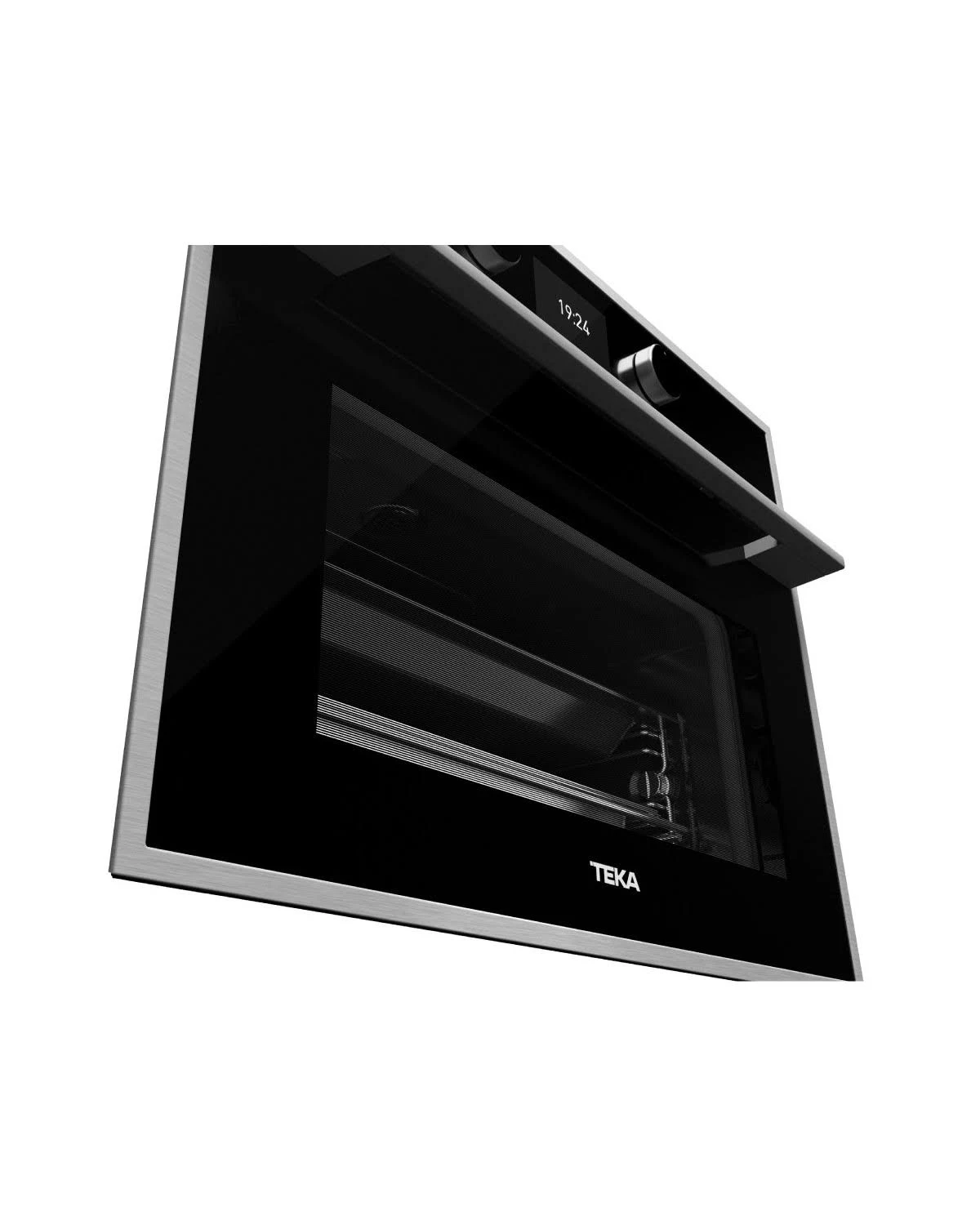 Un horno con puerta de cristal negro y borde metálico brillante. La puerta está ligeramente abierta.