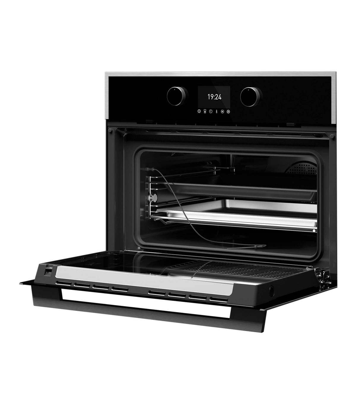 Horno abierto con luces interiores. La puerta del horno está abierta, revelando rejillas y una bandeja. La pantalla digital muestra la hora.