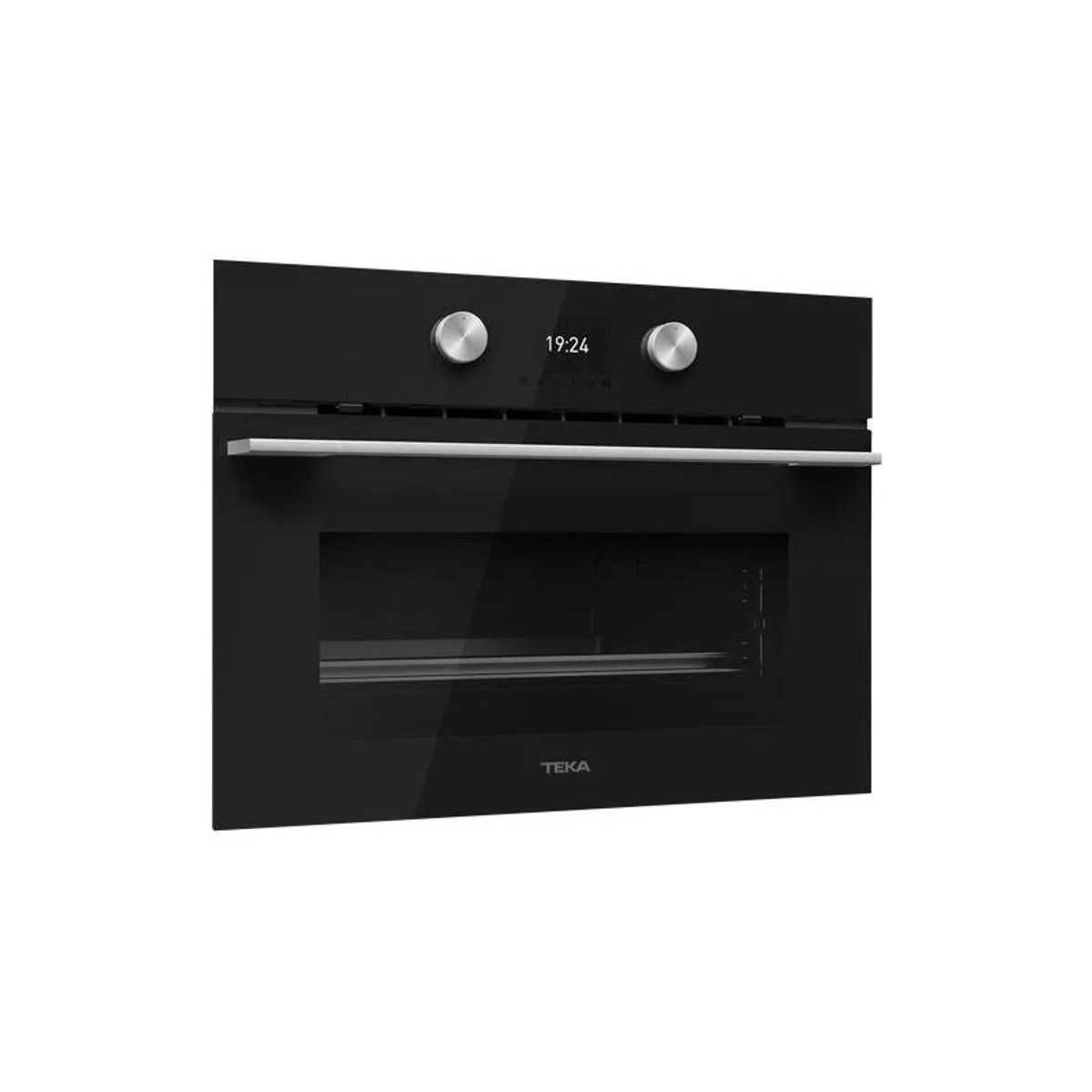 Horno negro con dos perillas plateadas y pantalla digital, se ve la marca TEKA.