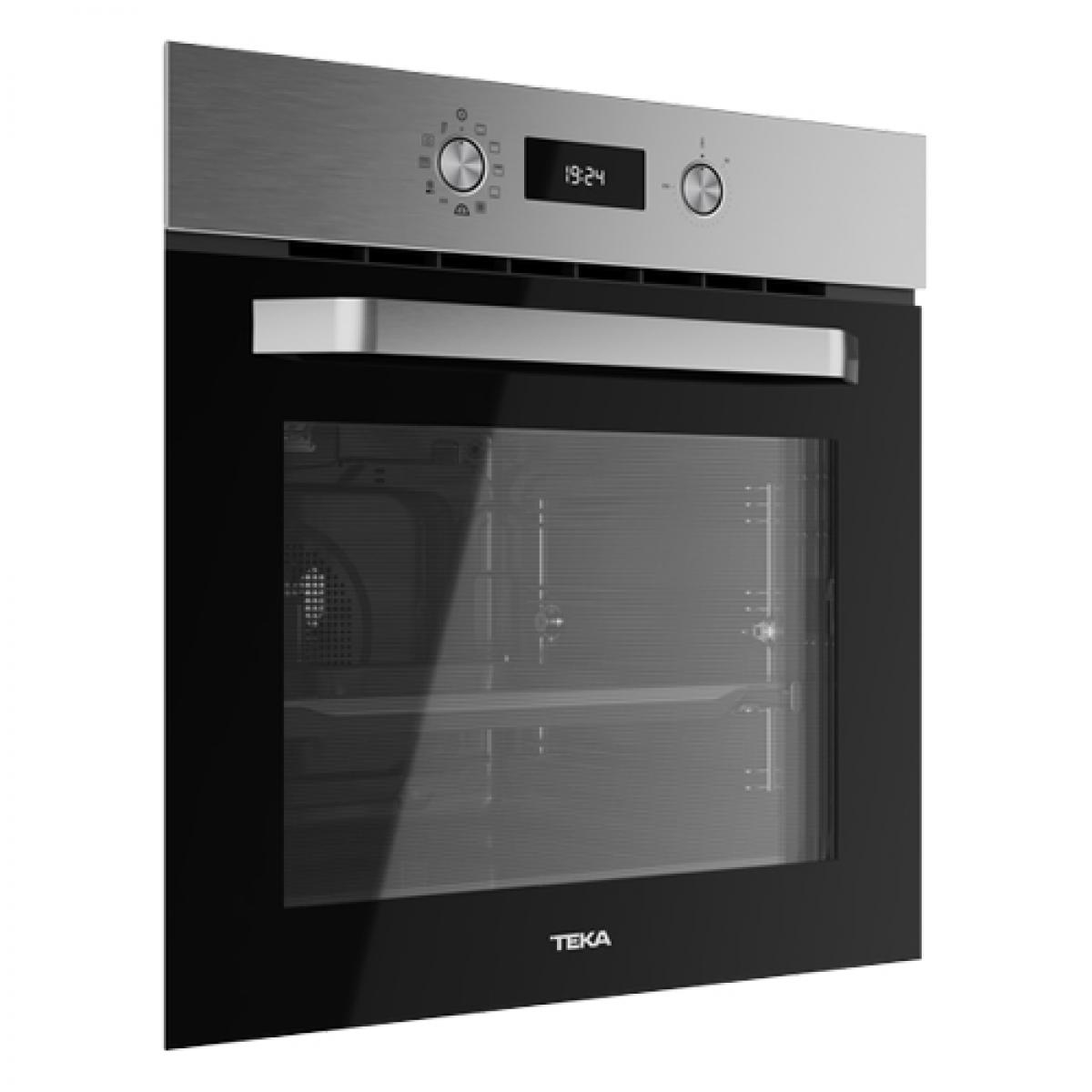 Horno plateado con puerta negra y pantalla digital, marca TEKA. El horno está sobre un fondo blanco.